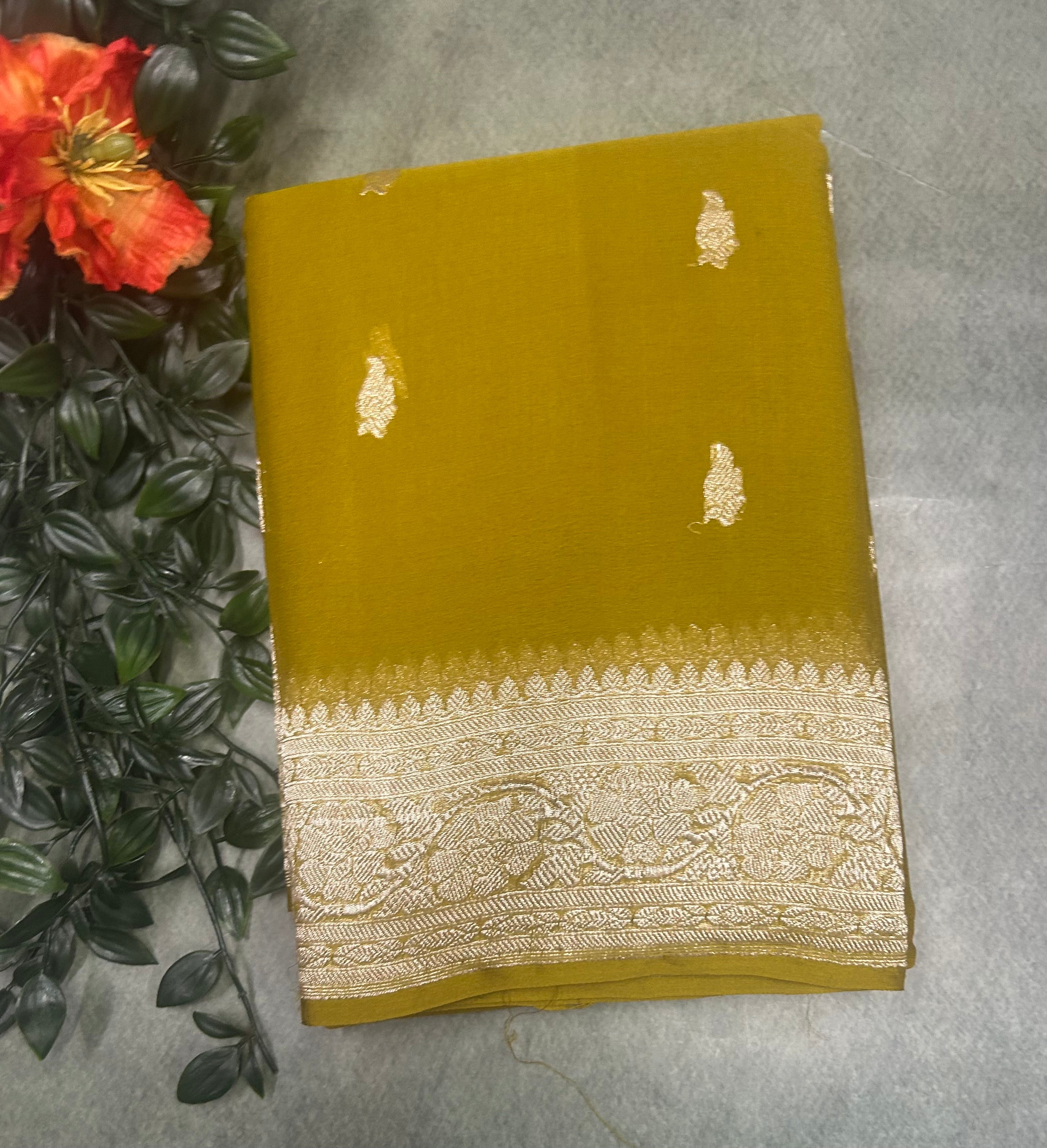 Olive yellow small butta pure chiffon 104 saree