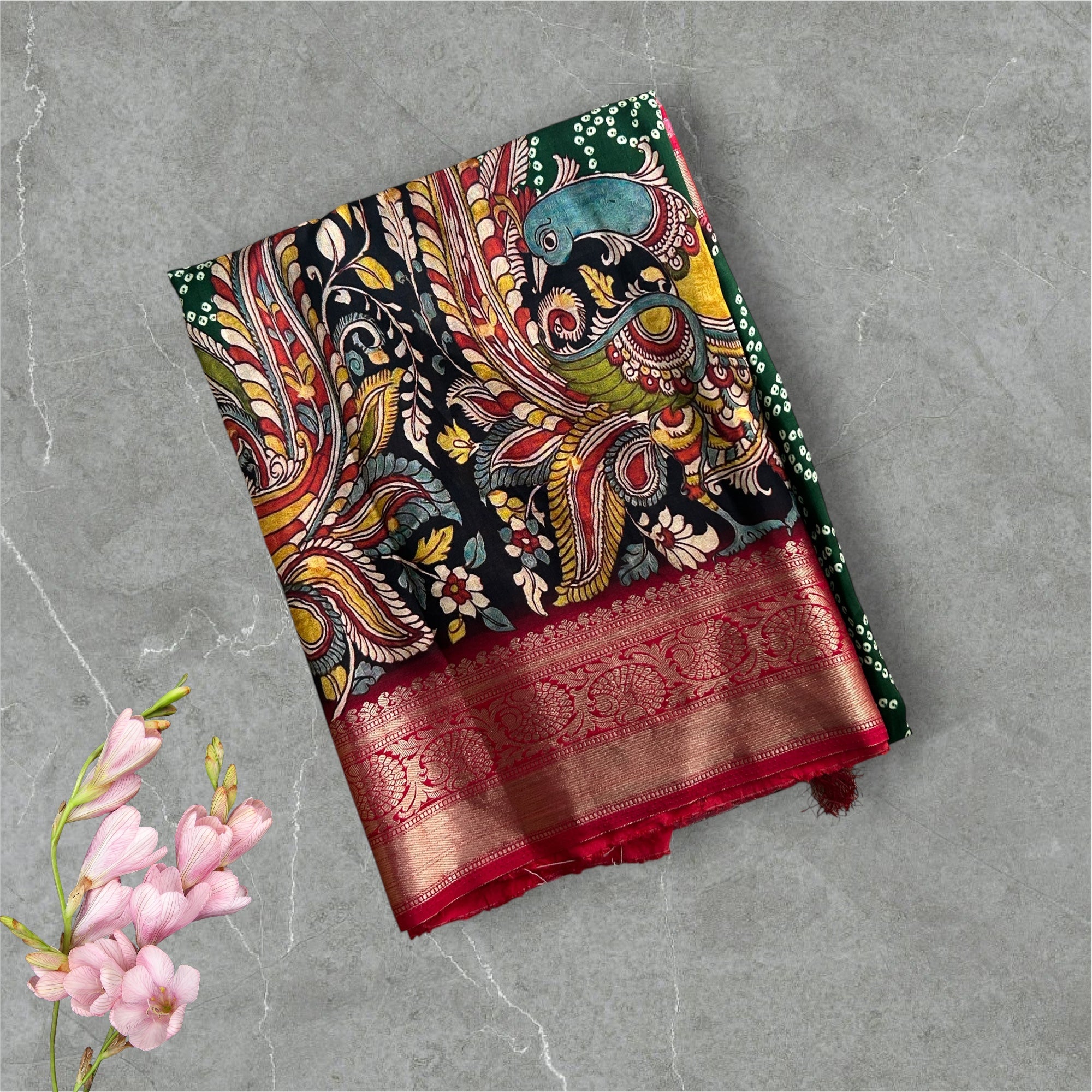 Green BB kalamkari printed pure chanderi saree