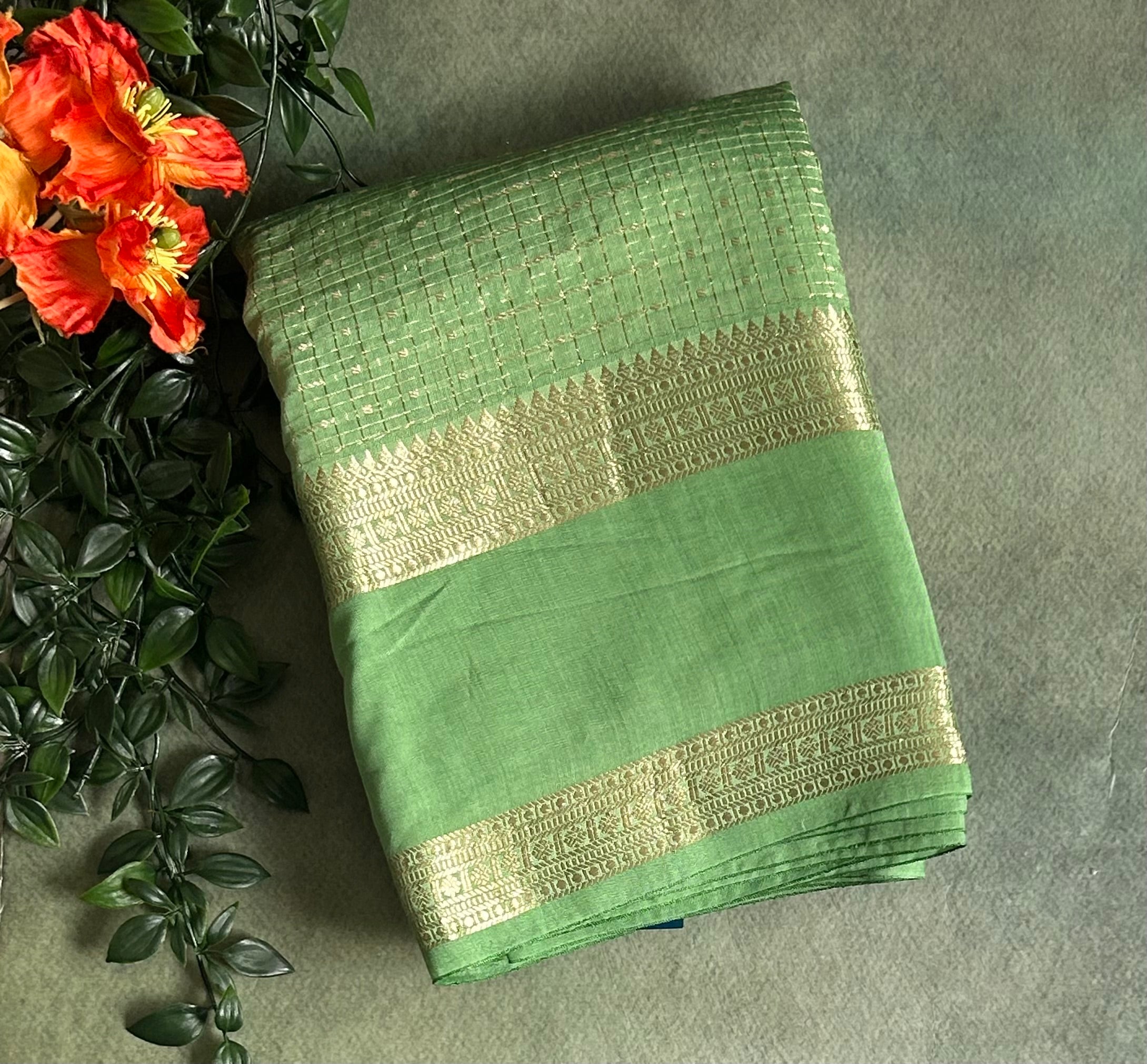 Pastel green small checks soft Tussar 03 crepe saree