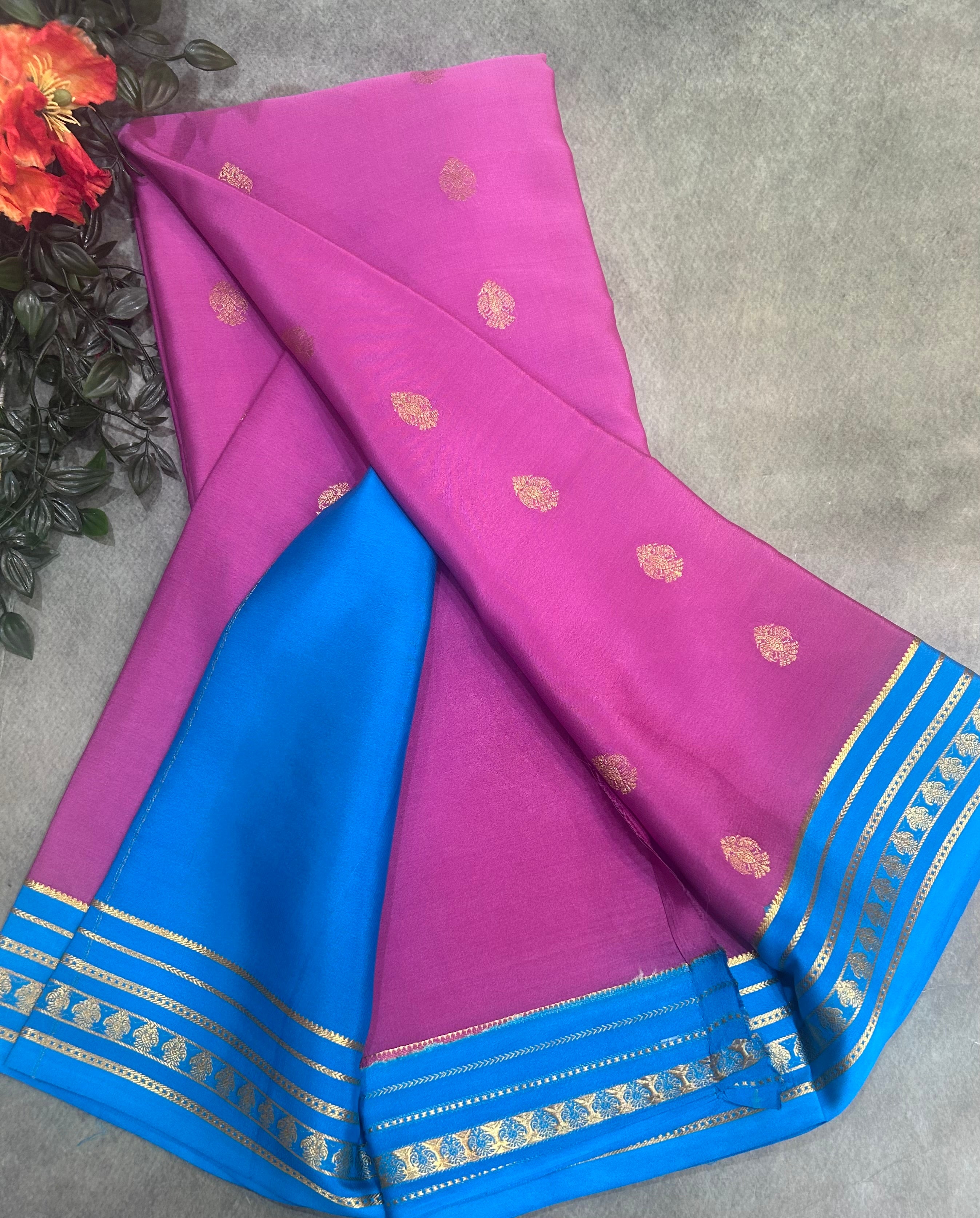 Onion pink stripes border pure Mysore silk 106 saree