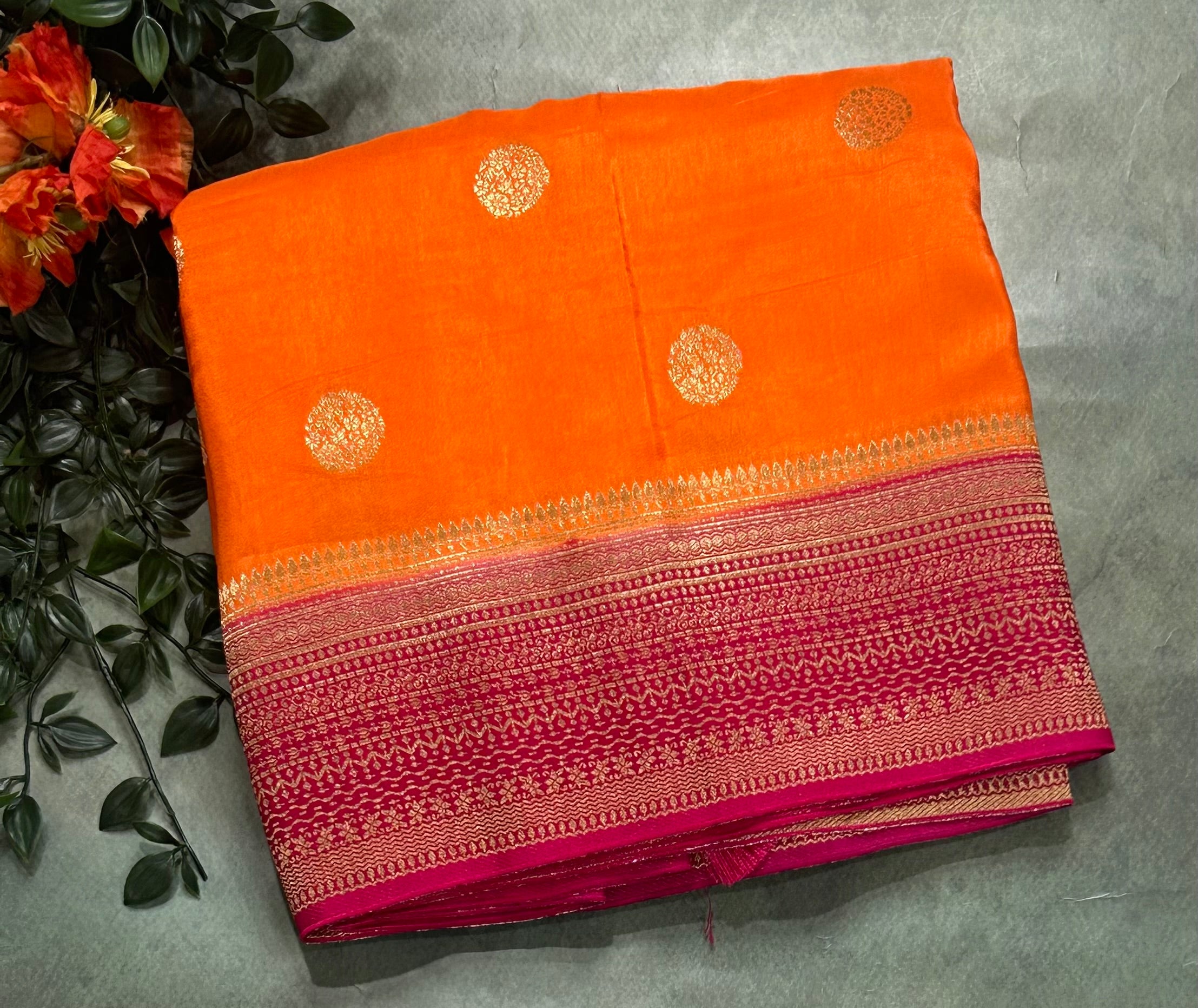 Orange n pink vintage Butta dola crepe 104 saree
