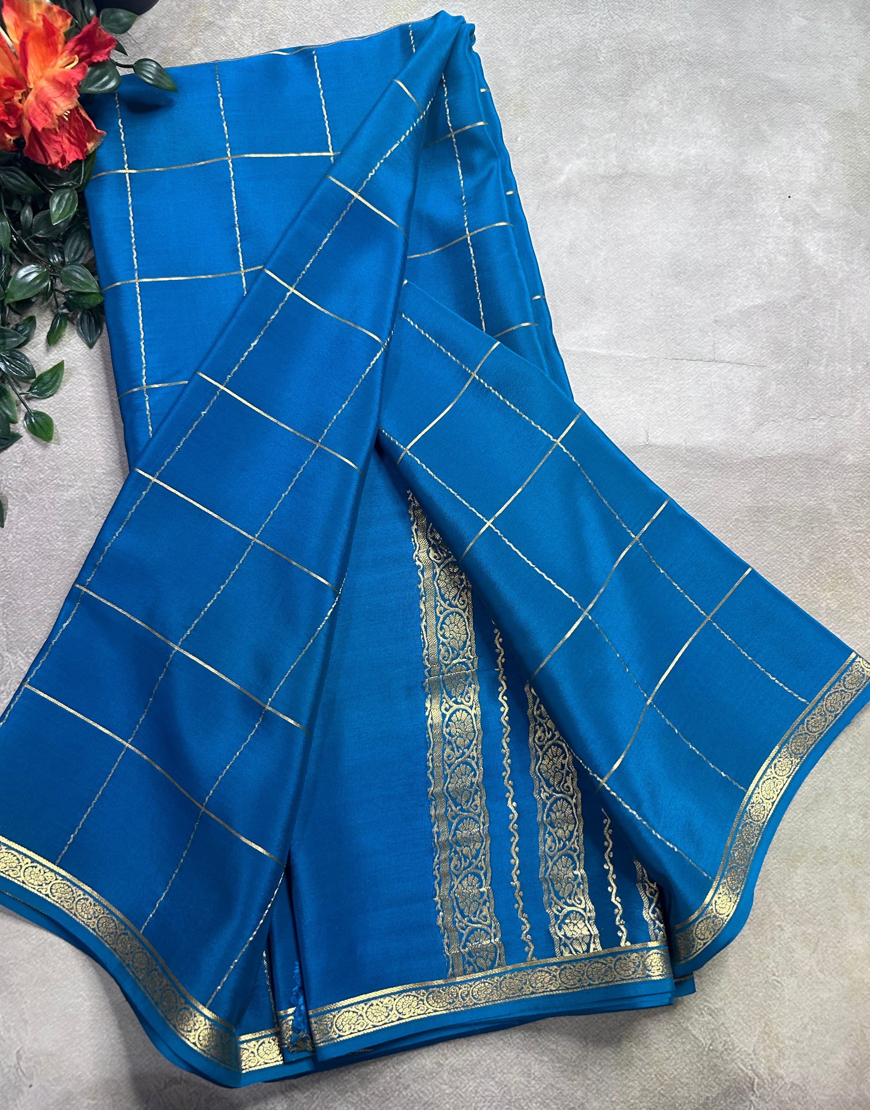 Dark Rama green  big checks pure Mysore silk 106 saree