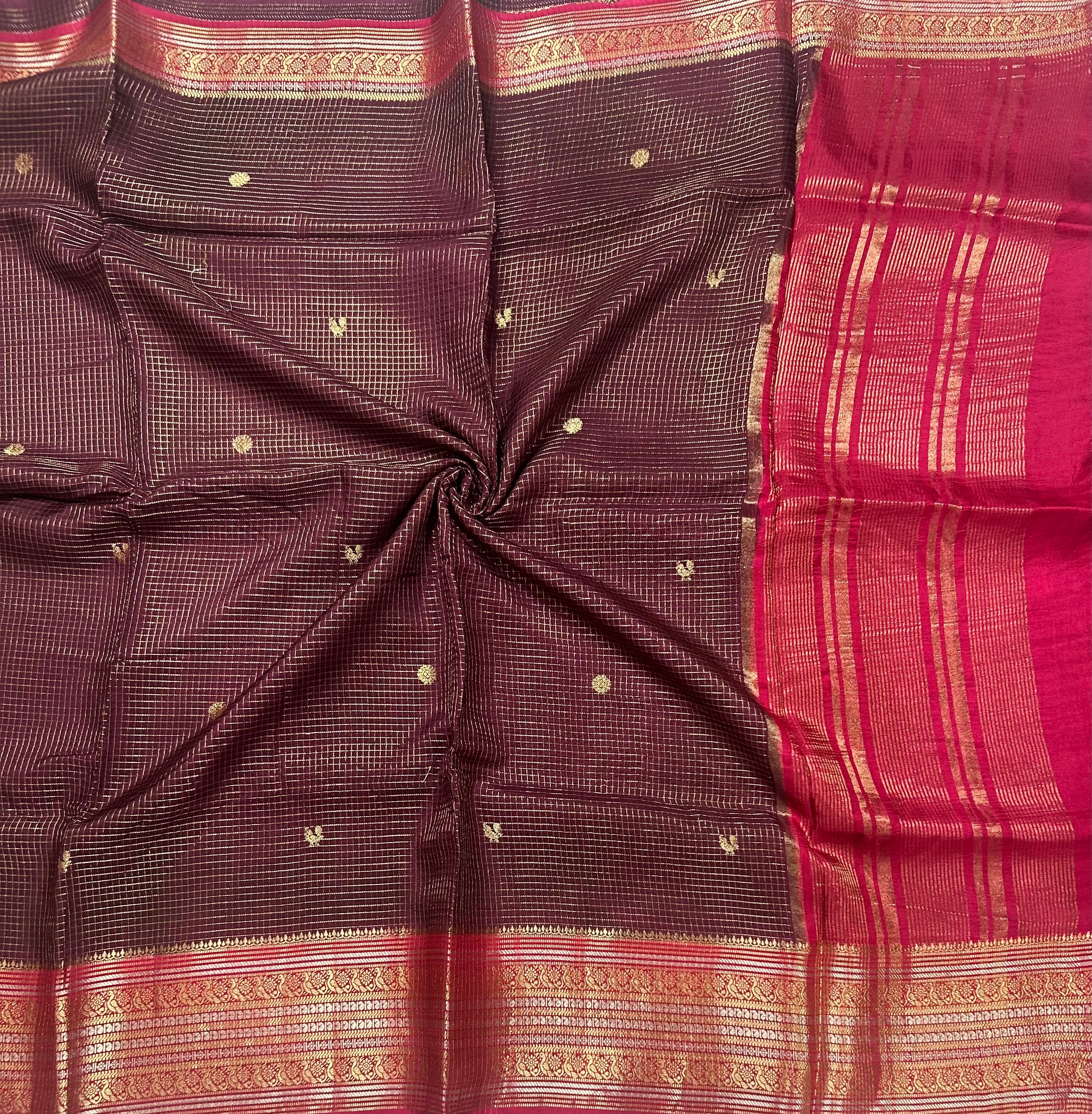 Wine small checks contrast semi Mysore crepe 105 saree