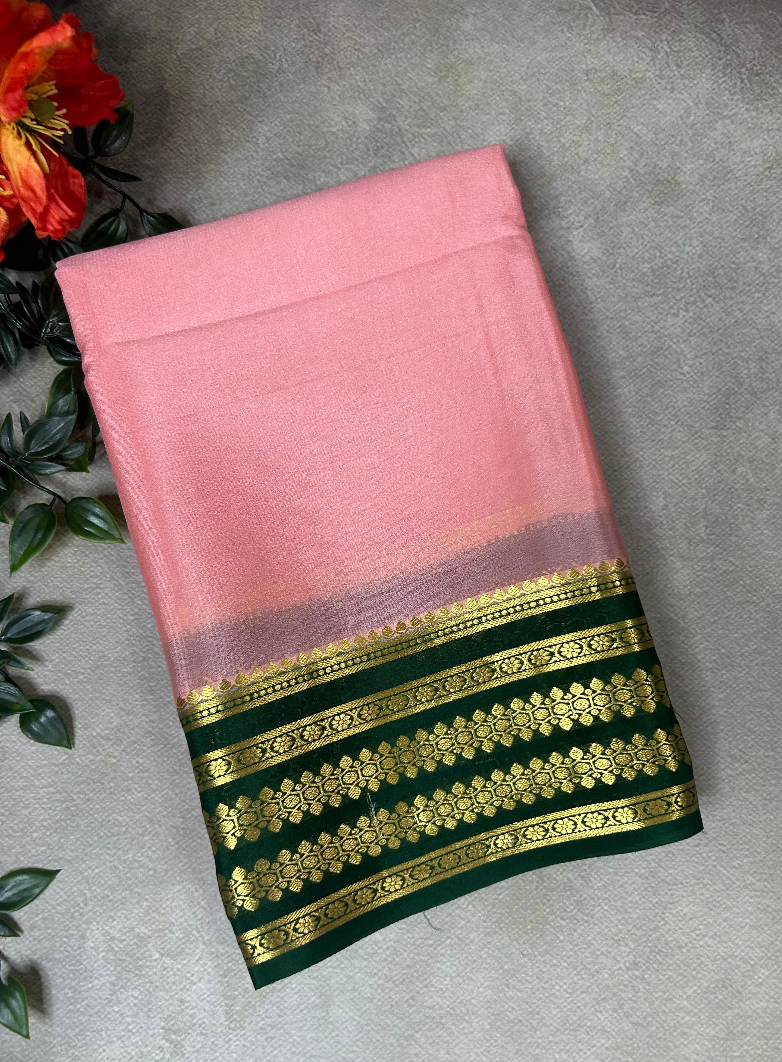 Pastel pink stripes Lightweight Pure Mysore Crepe Silk Saree – Elegant Soft Drape(MSL)