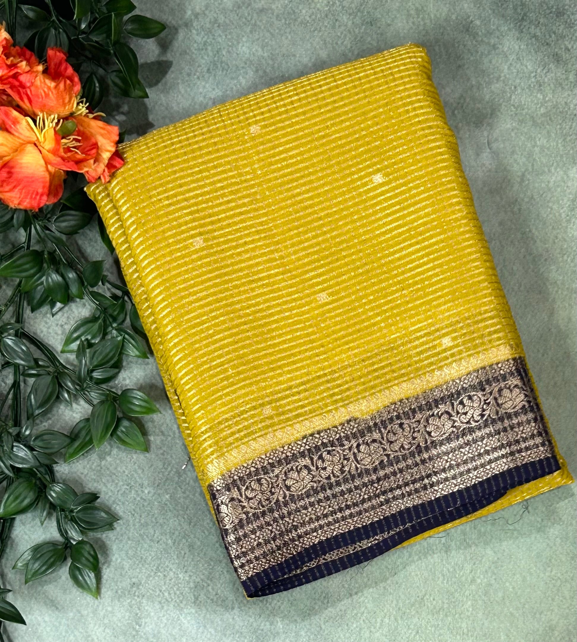 Neon yellow small checks semi mysore crepe-12 saree