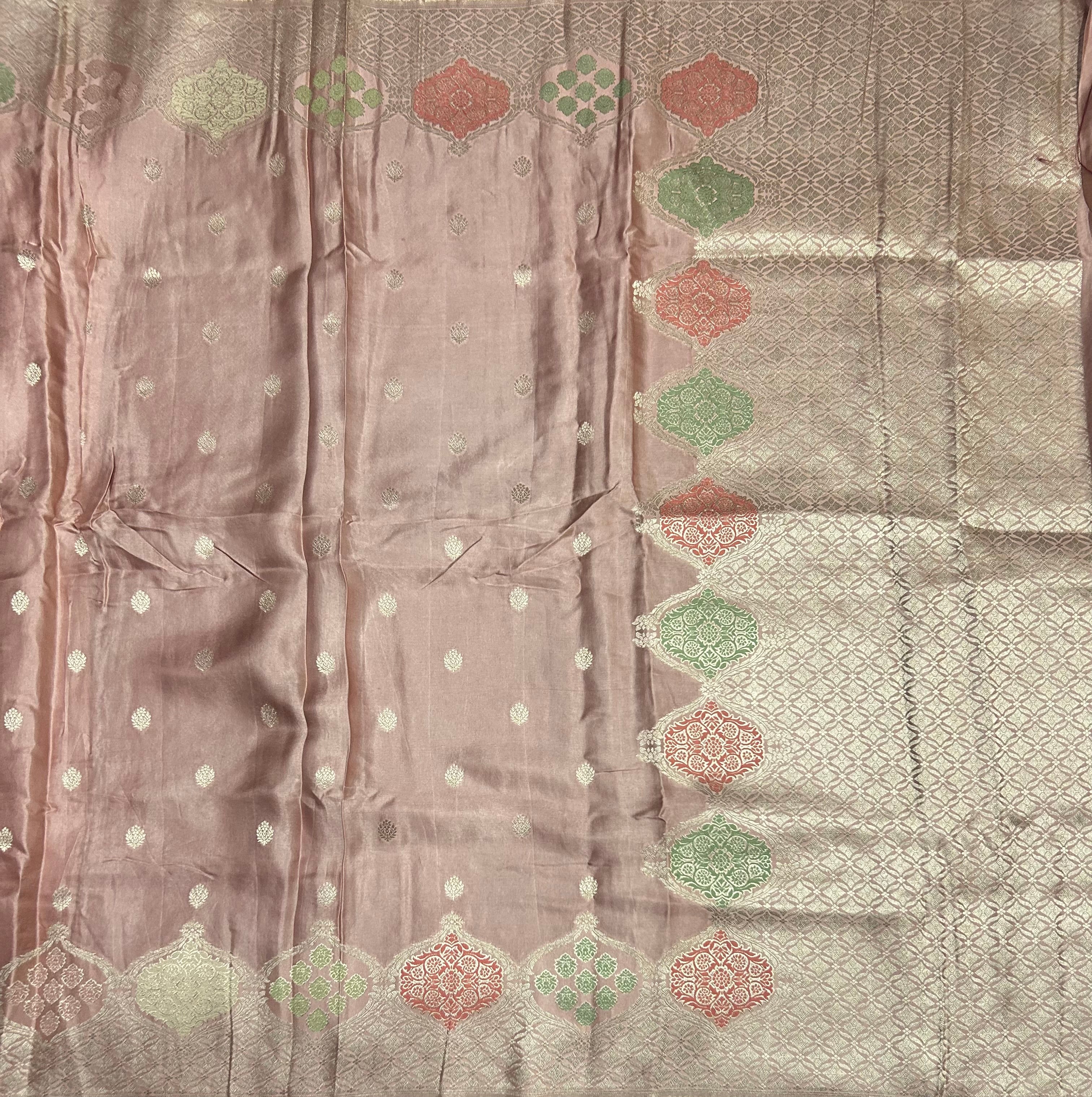 Pastel pink silver zari satin crepe saree