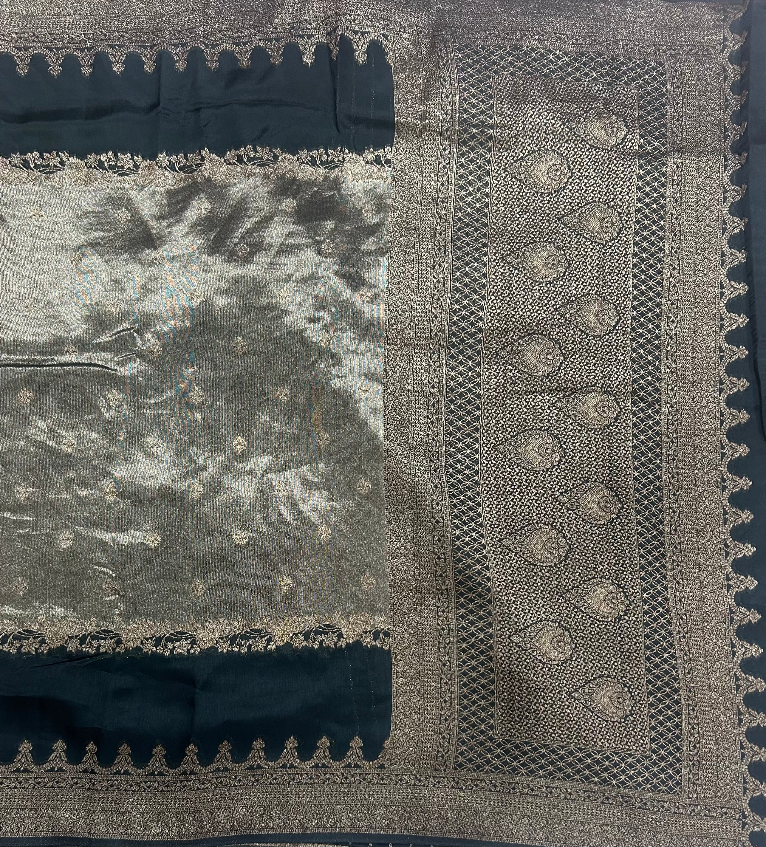 Dark bottle green brocade tussar georgette crepe 106 silk saree