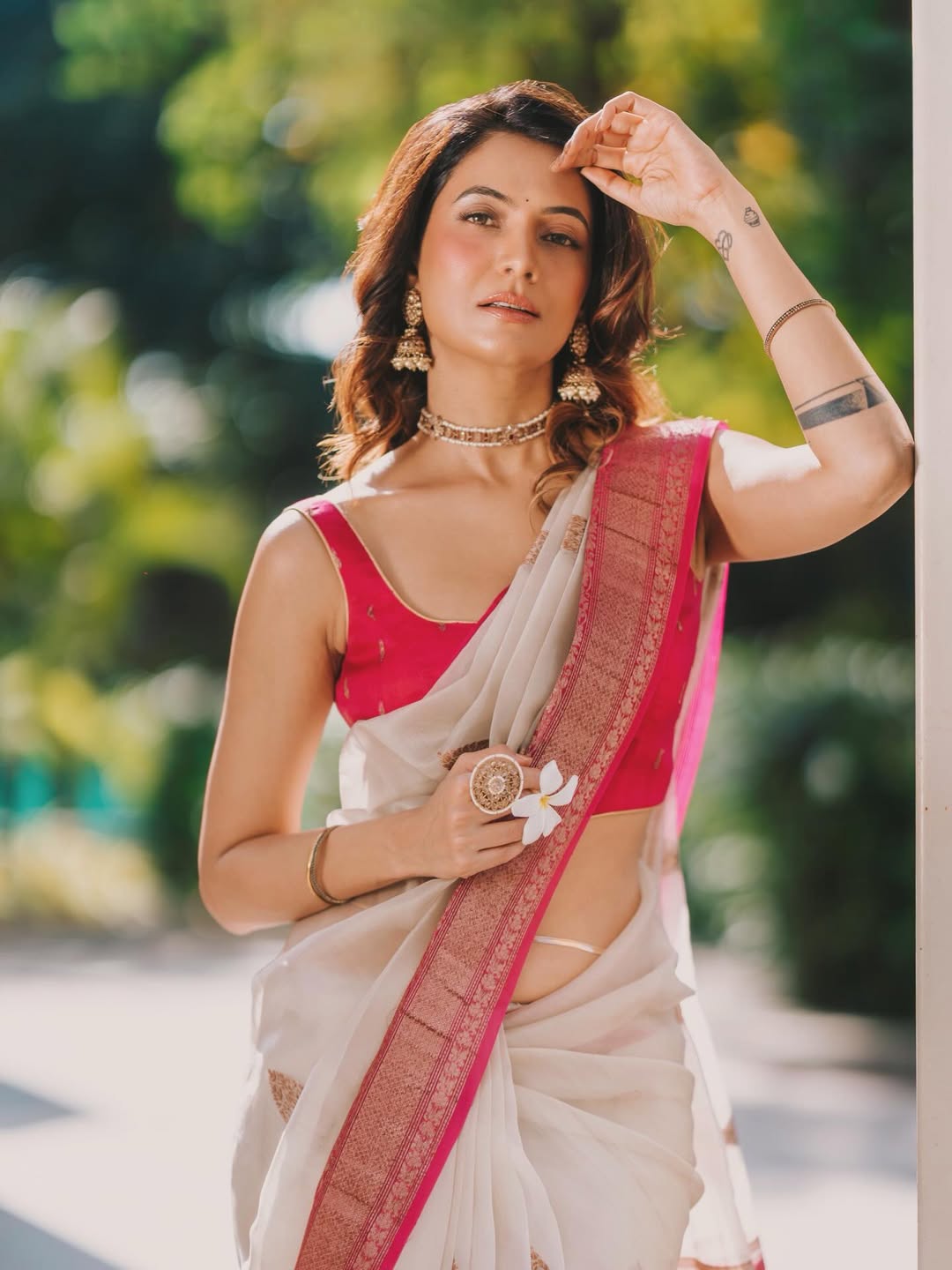 Cream n pink pure kora organza saree