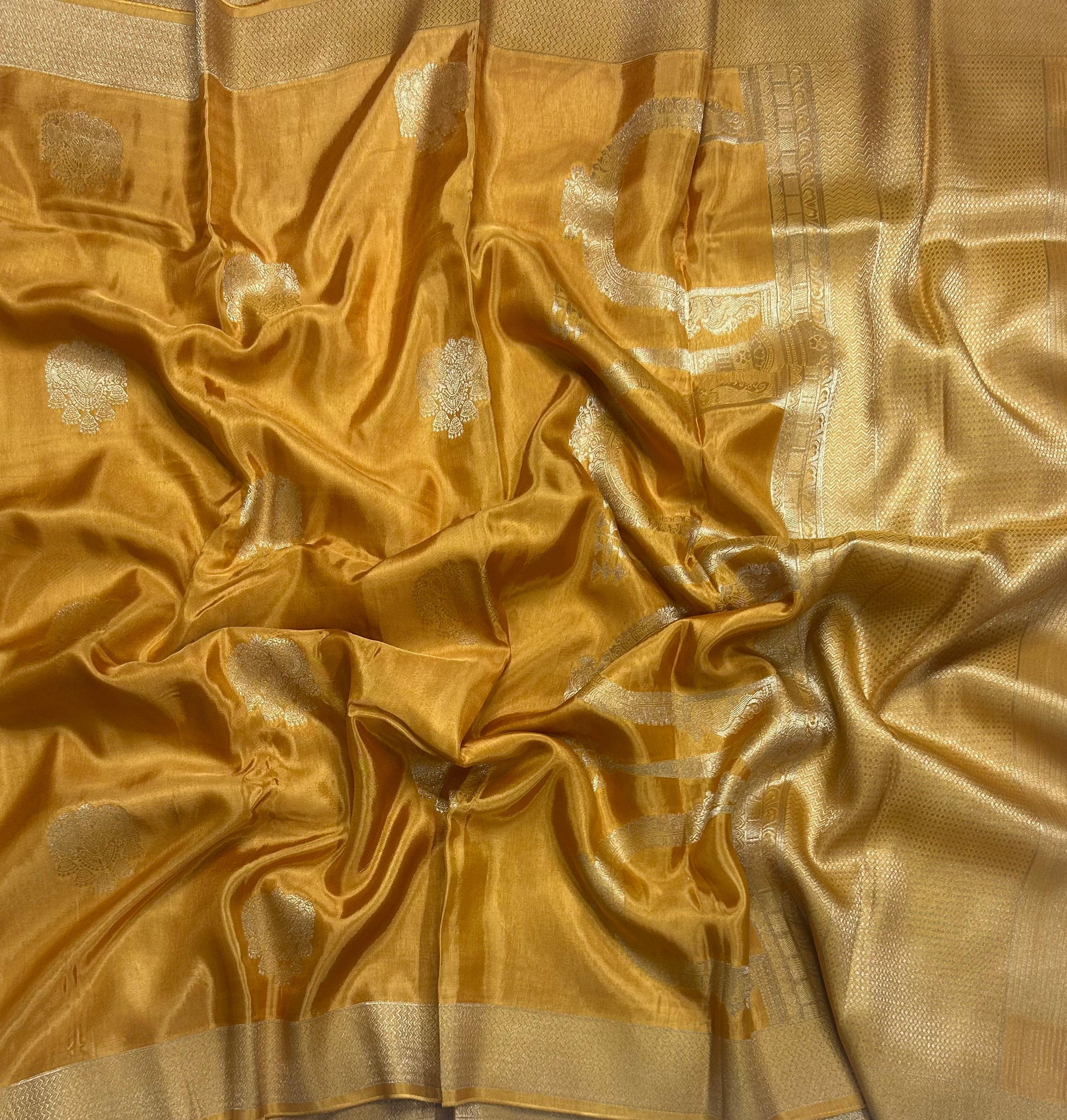 Mustard yellow big Butta contrast semi Mysore crepe 105 saree