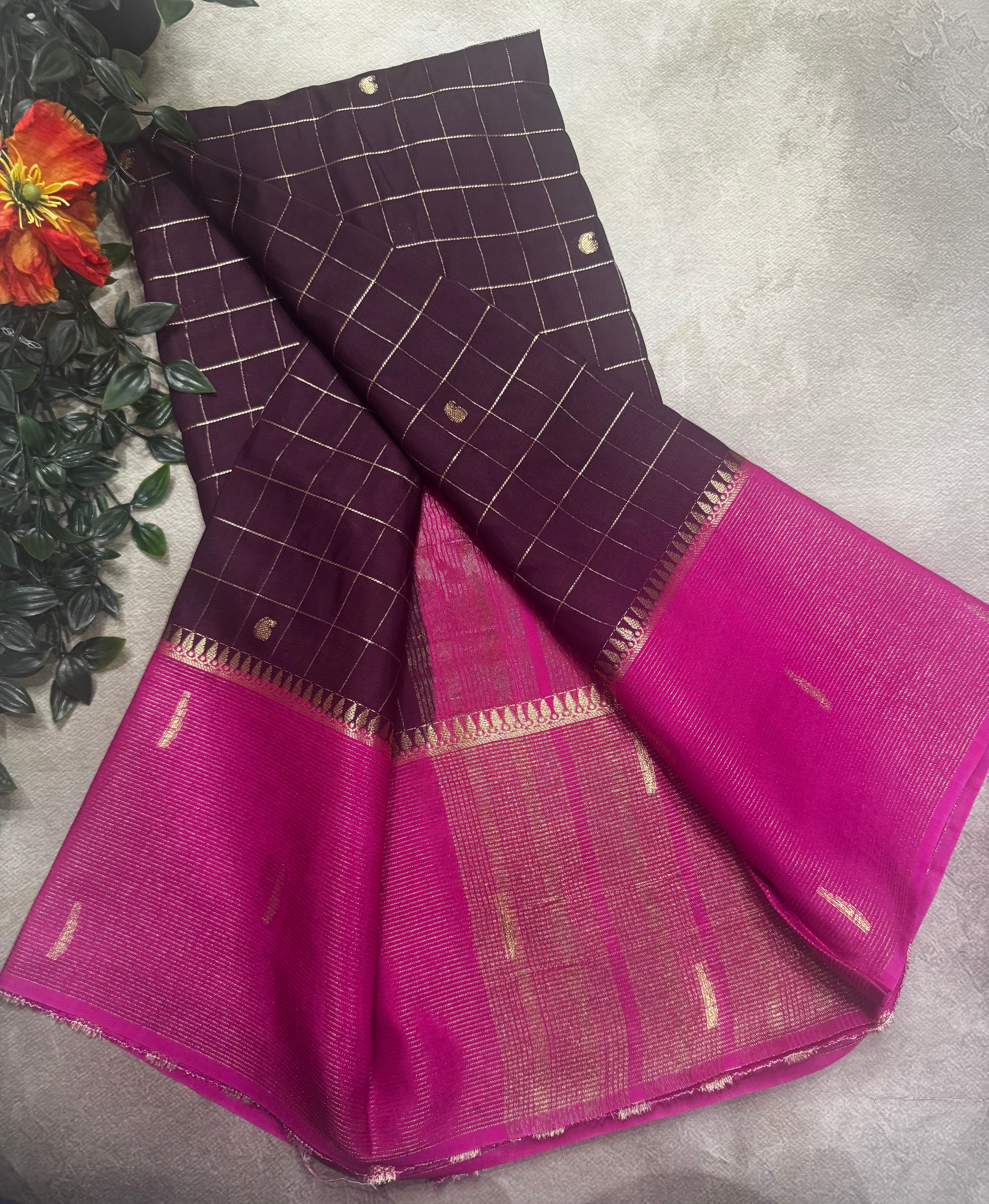 Wine checks semi Mysore crepe 106 saree