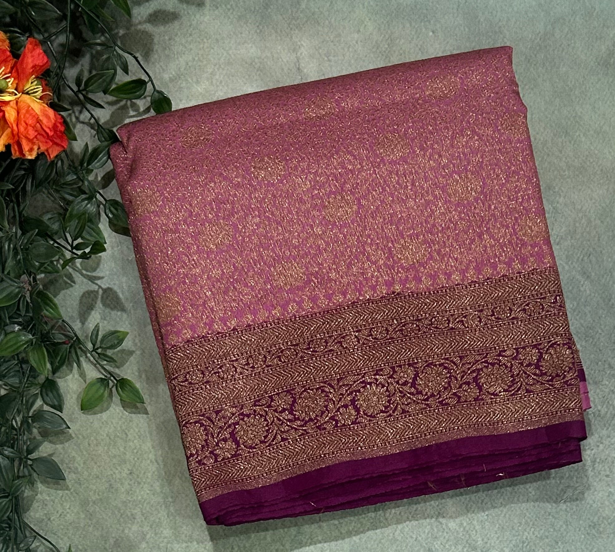Onion pink brocade semi Benarasi saree(Rashmika Mandanna Brocade saree)