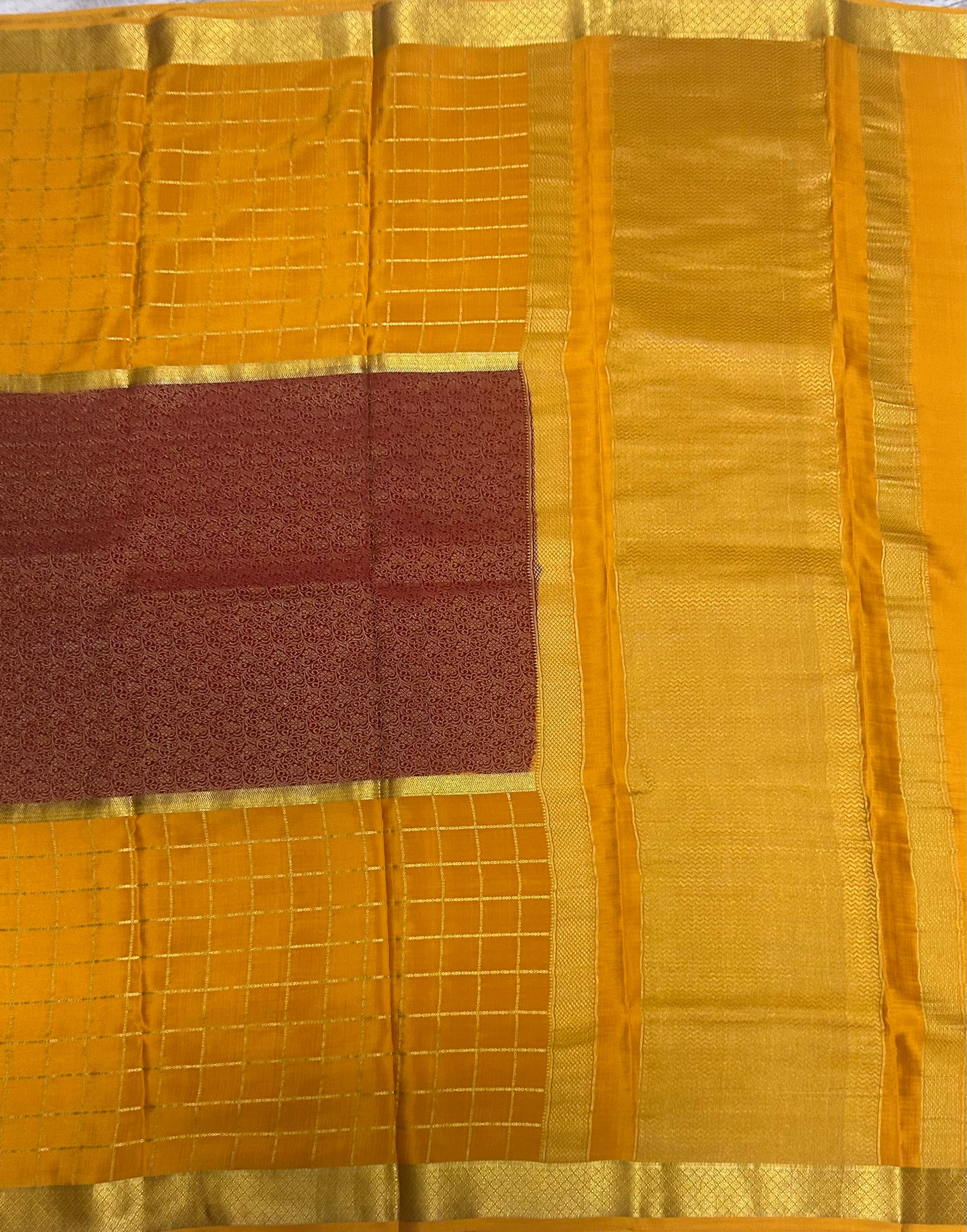 Mustard yellow n maroon pure Mysore crepe silk 103 saree