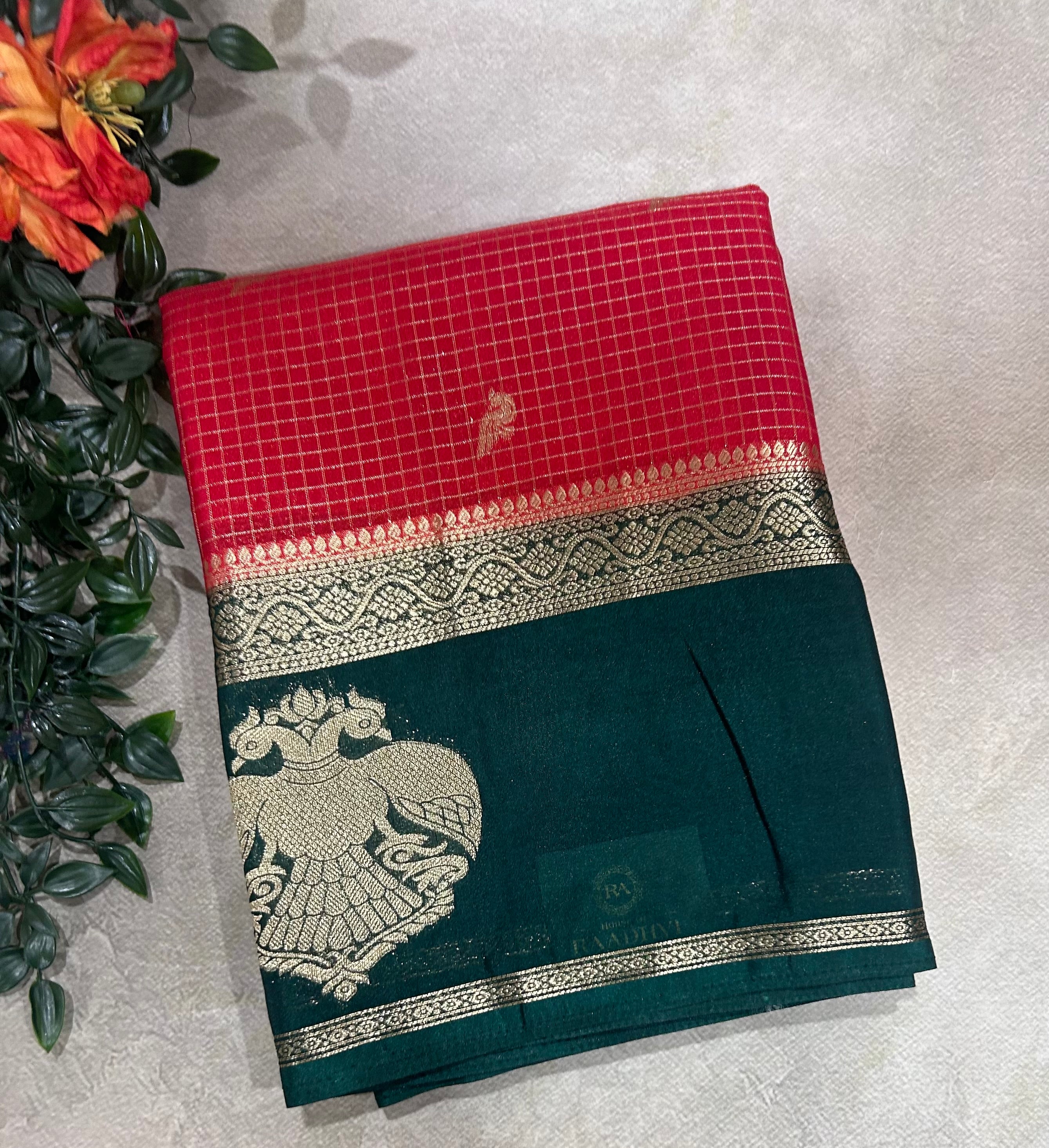 Red gandaberunda border semi Mysore crepe 106 saree