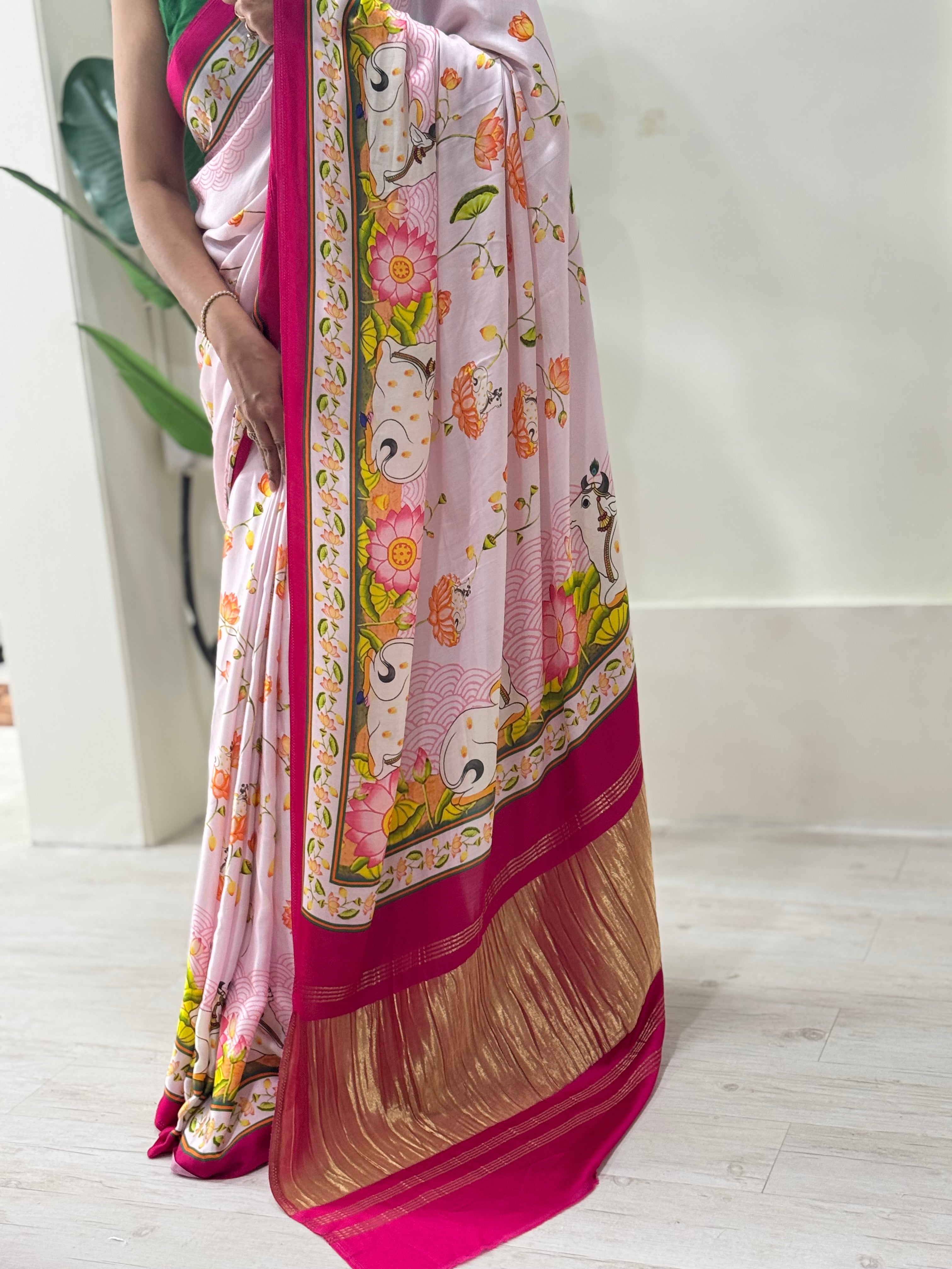 Pink pichwai satin crepe saree