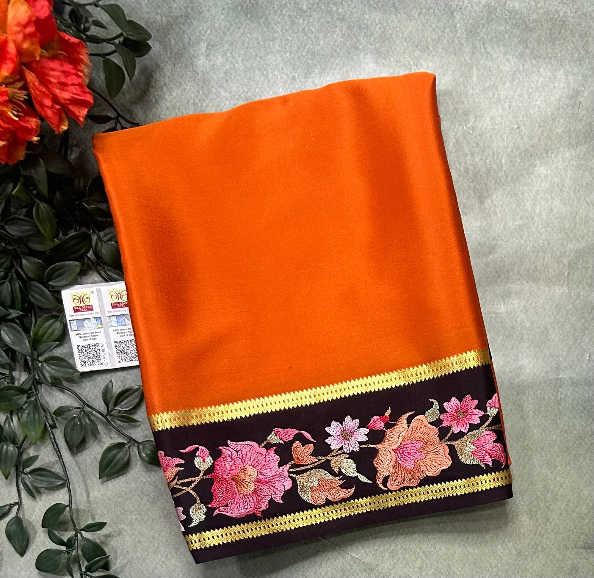 Rust orange embroidery border contrast pure mysore silk saree EMS107