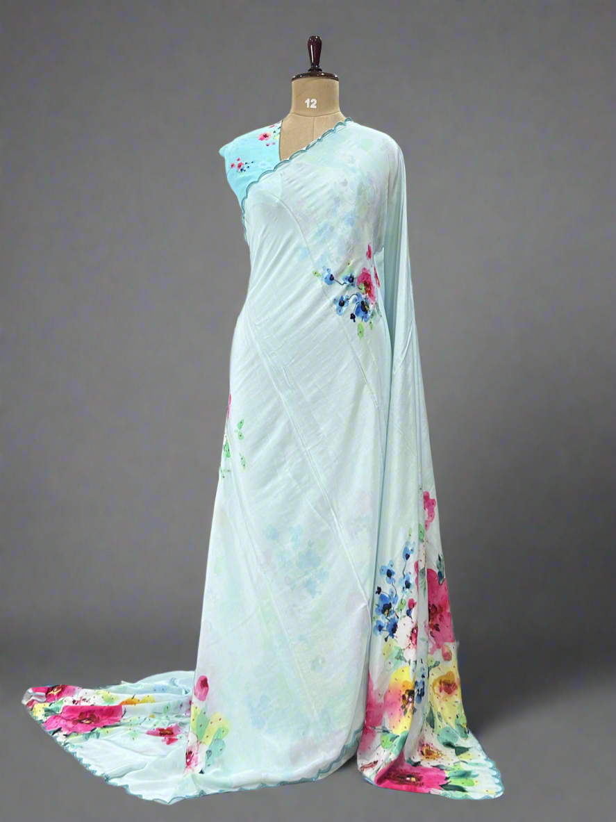 Pastel blue work scallop border printed pure crepe digital print party wear-09