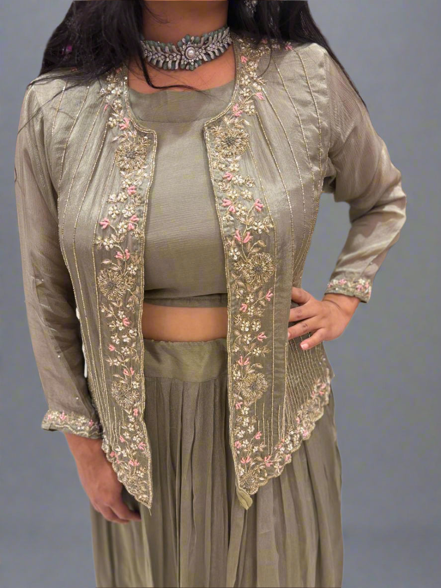 “Pari" Green chinnon handwork partyware skirt Jacket Indowestern Kurtha 43 cape set