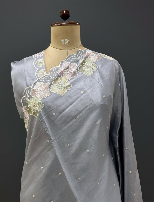 Light grey tussar embrodiery-12 work saree
