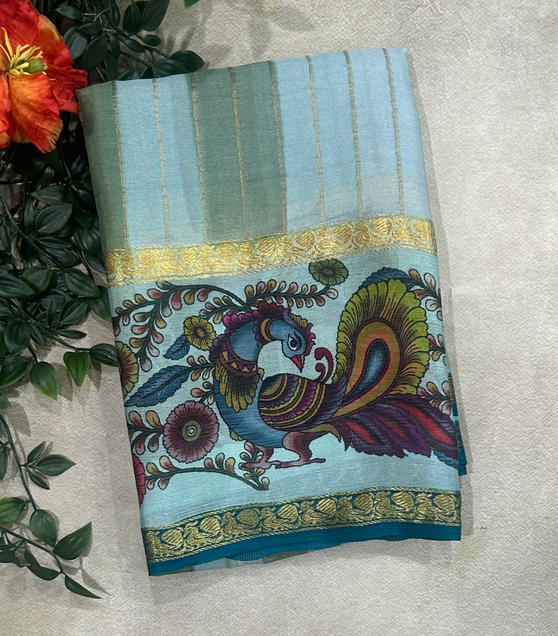 Rankart kalamkari border pure wrinkle 103 crepe silk saree