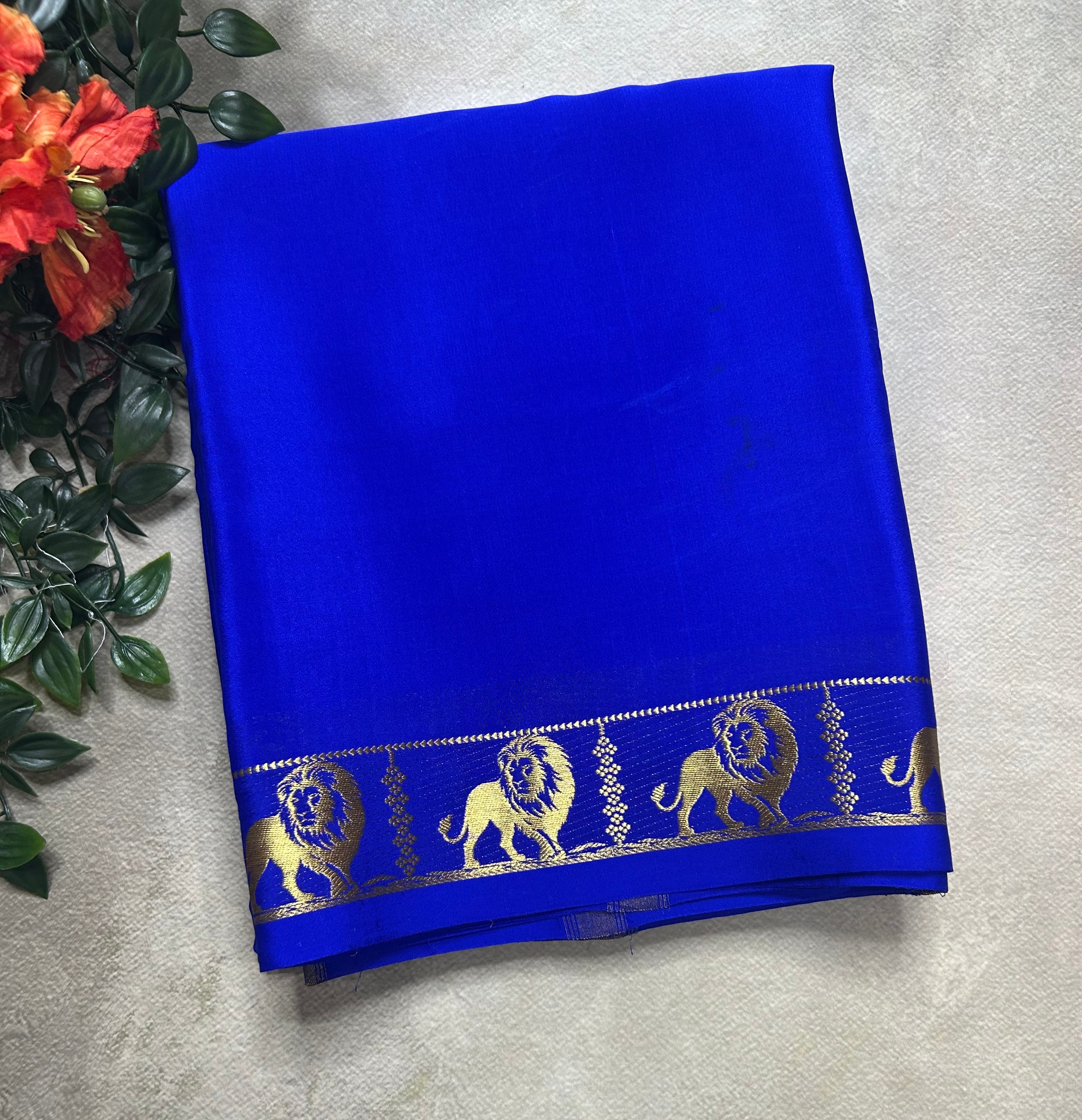 Royal blue lion border pure Mysore silk 105 saree