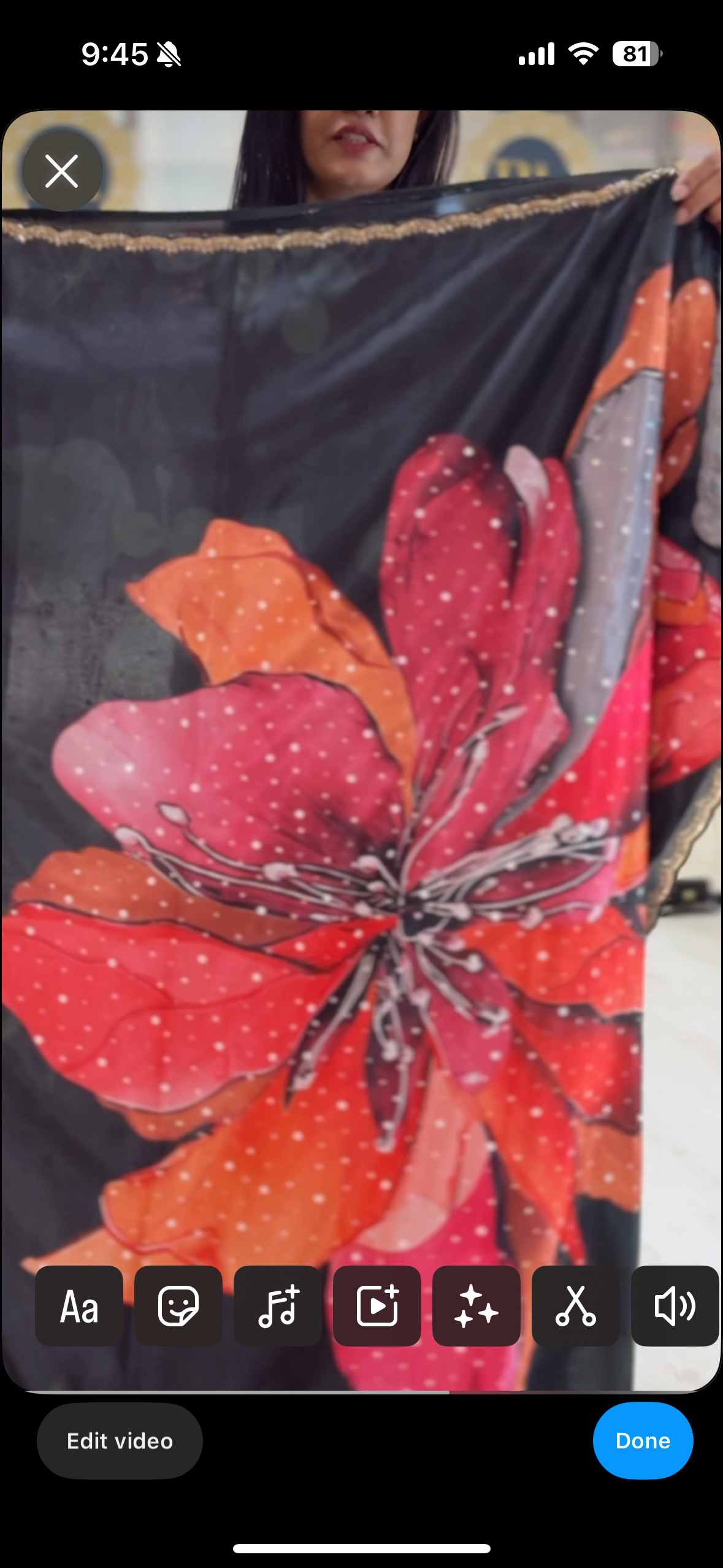 Black sequins work scallop border printed pure crepe party wear saree