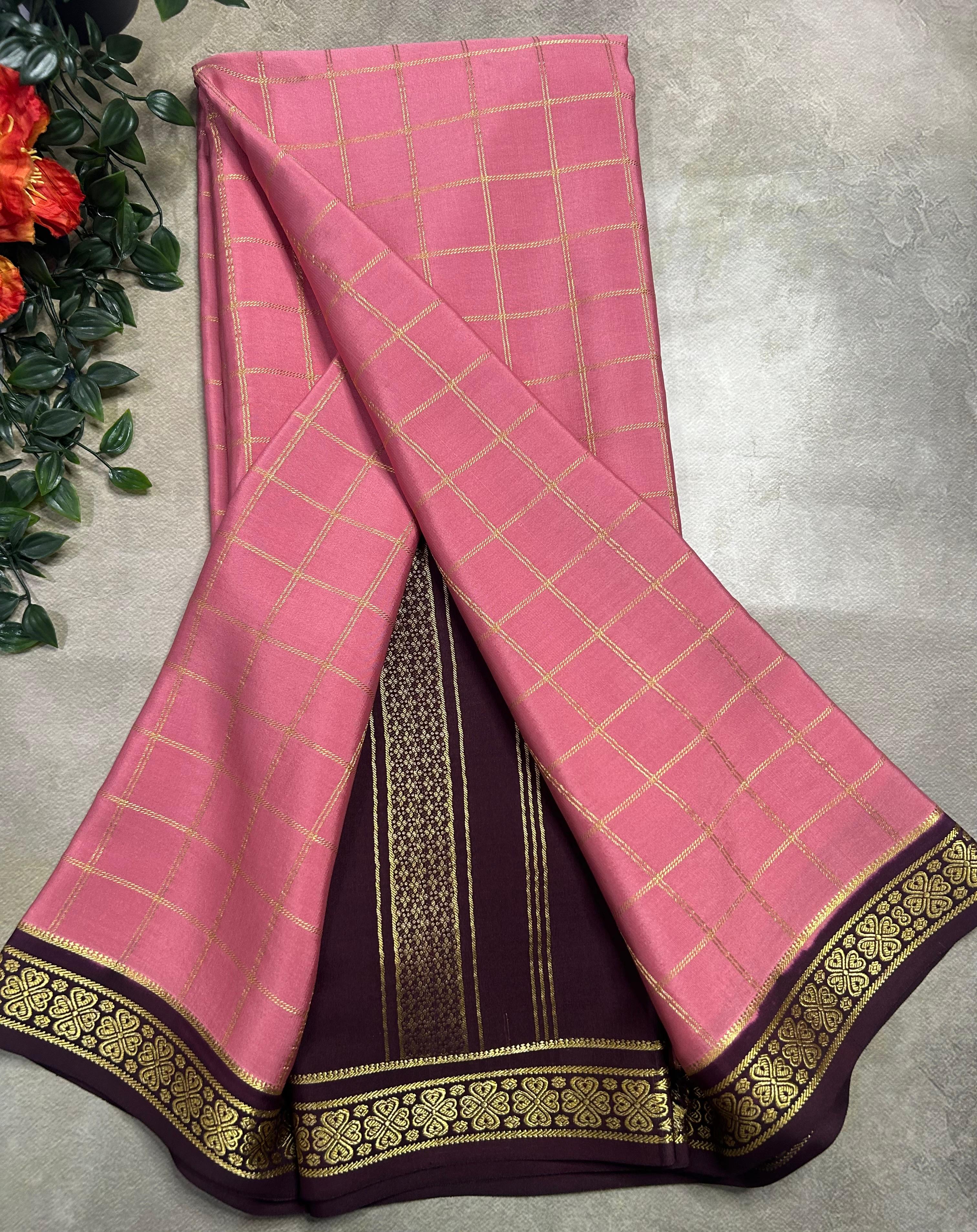 Pastel pink checks pure css zari Mysore silk 105 saree