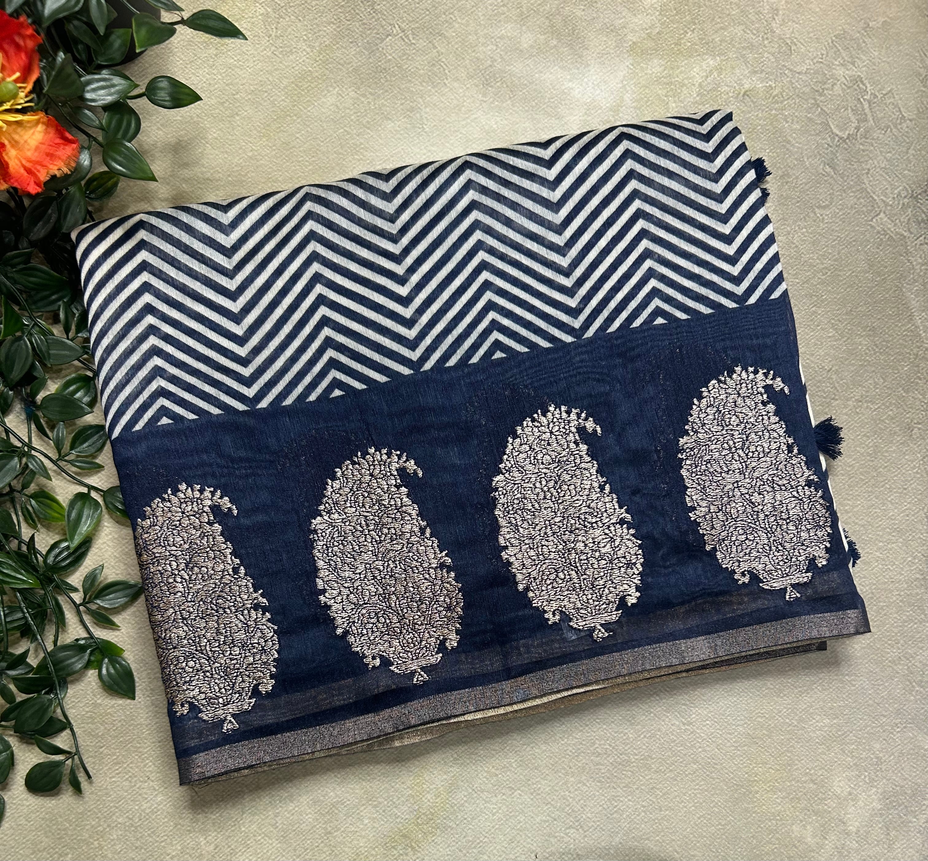 Navy blue border Butta soft Chanderi 105 saree