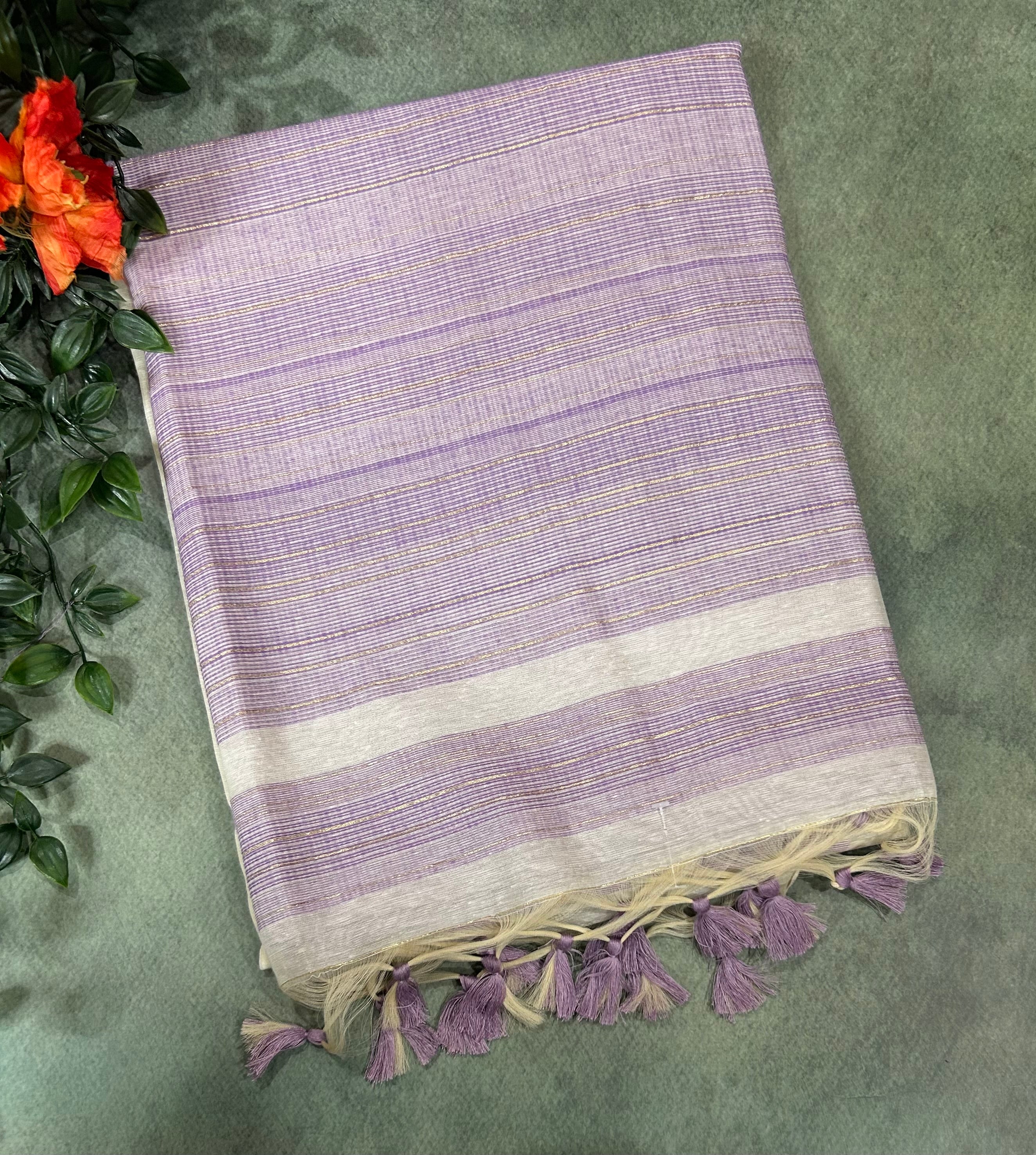 Cream n lilac pure linen saree