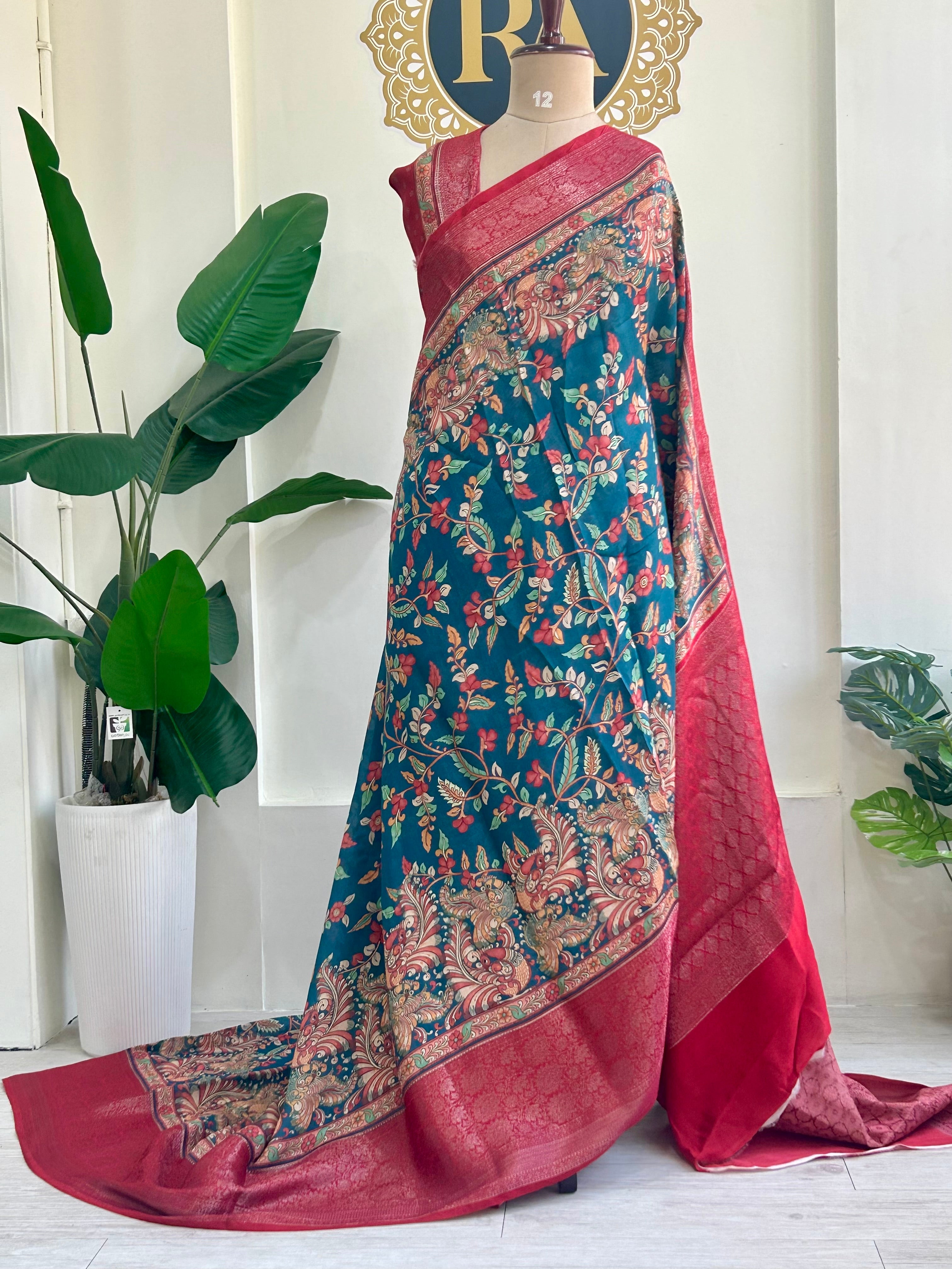 Peacock blue n red  bb kalamkari Chanderi saree