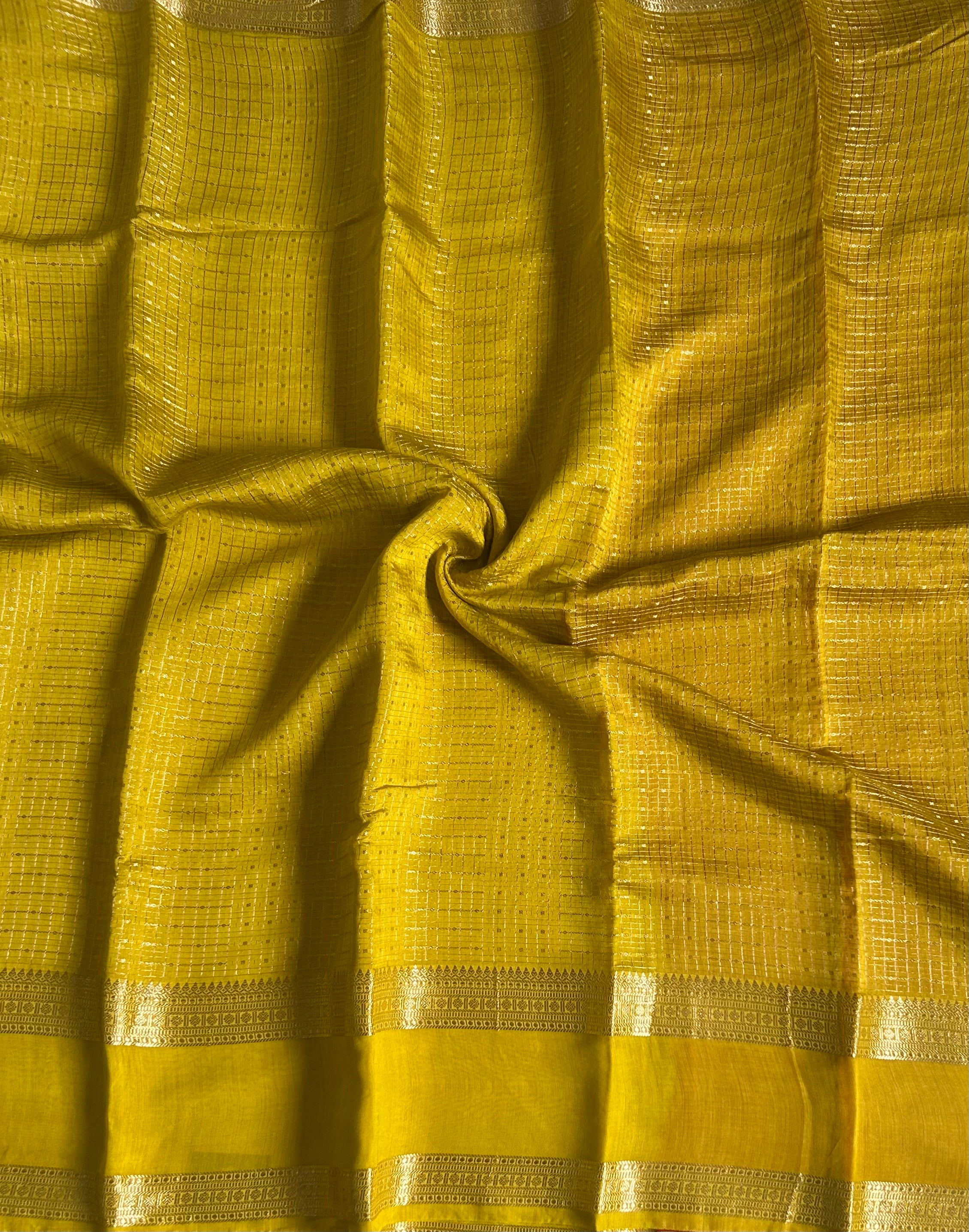 Neon yellow small checks soft Tussar 03 crepe saree