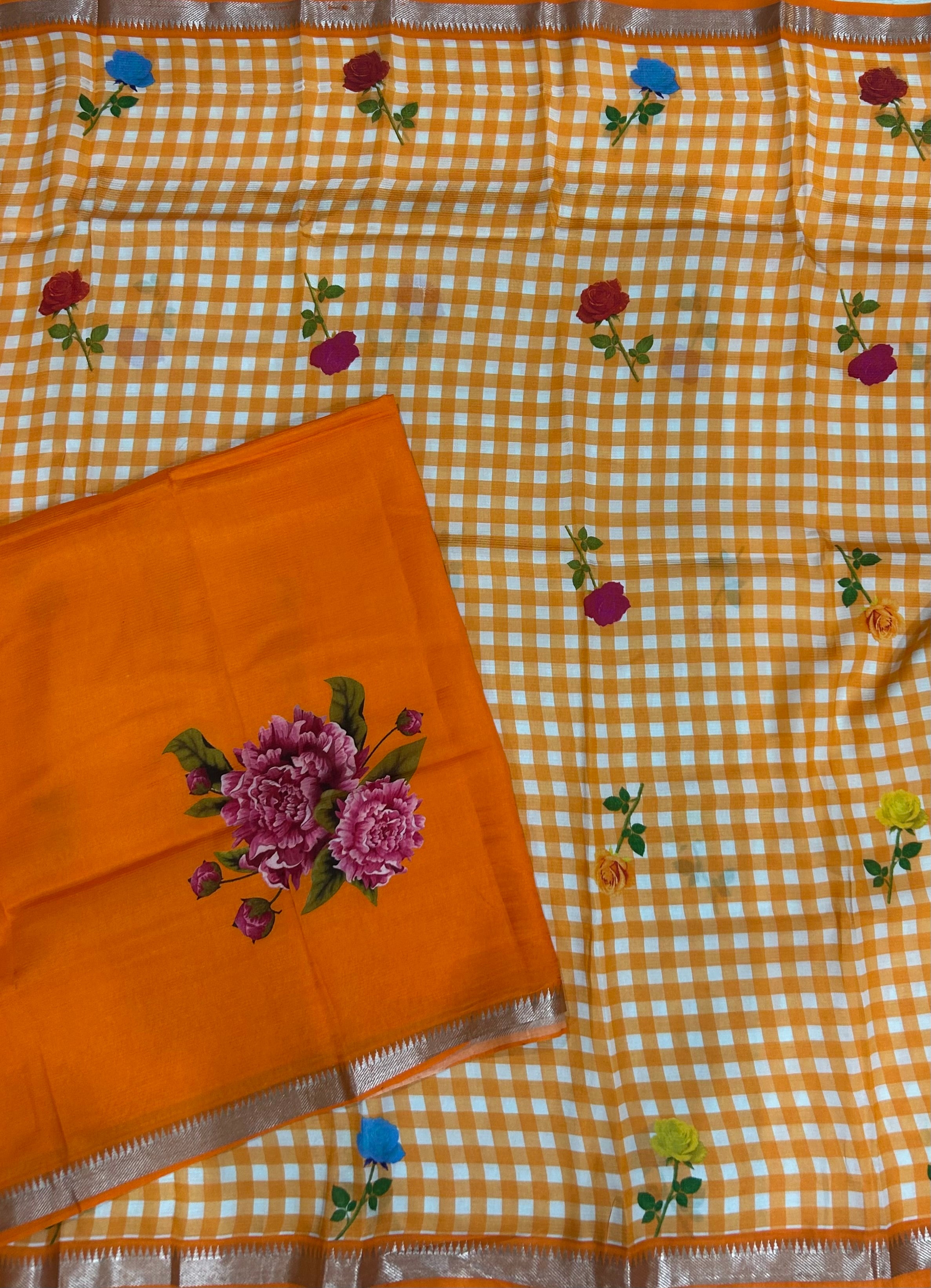 Orange checks mangalagiri silk 104 saree