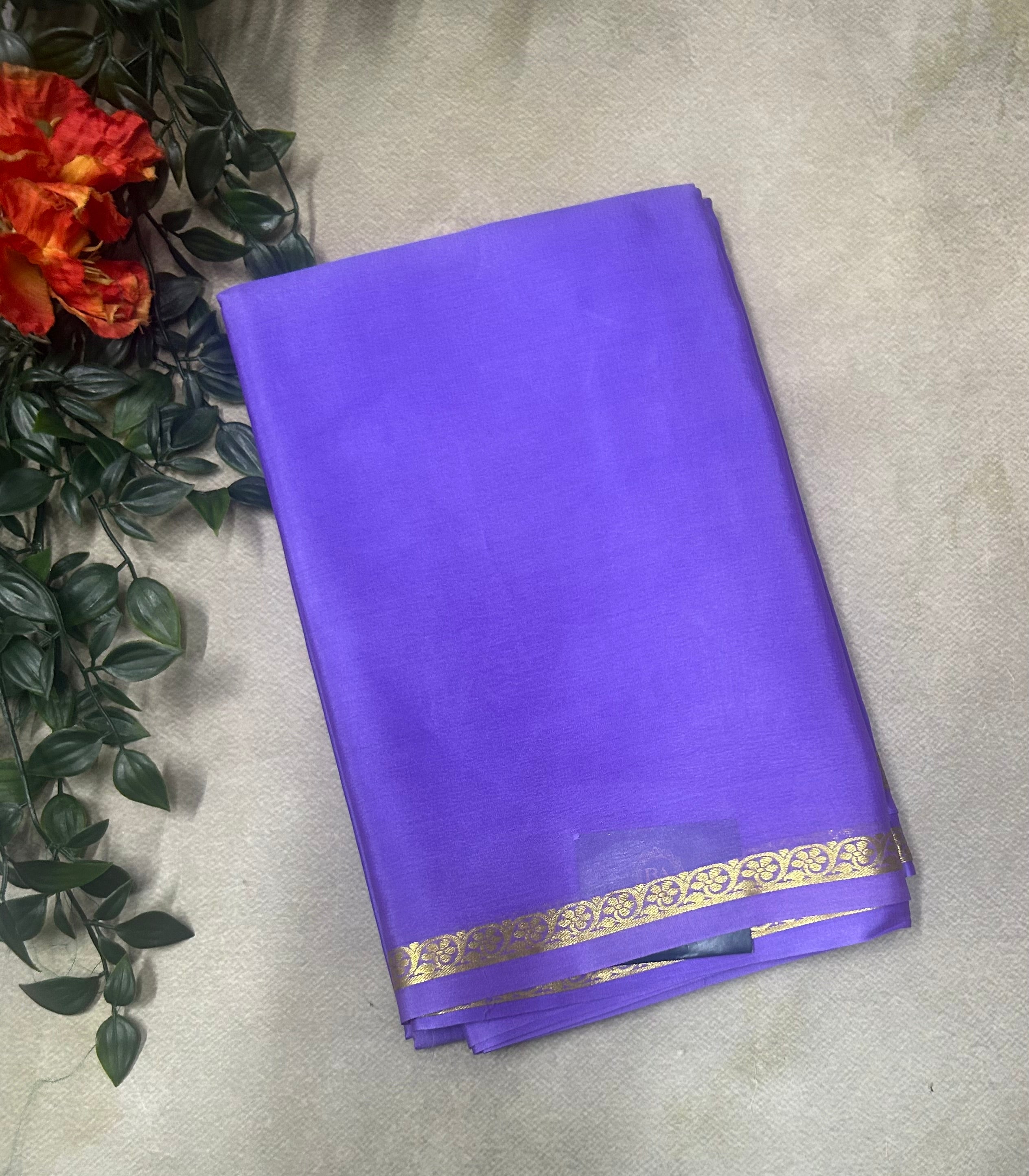 Lilac small border pure Mysore silk saree