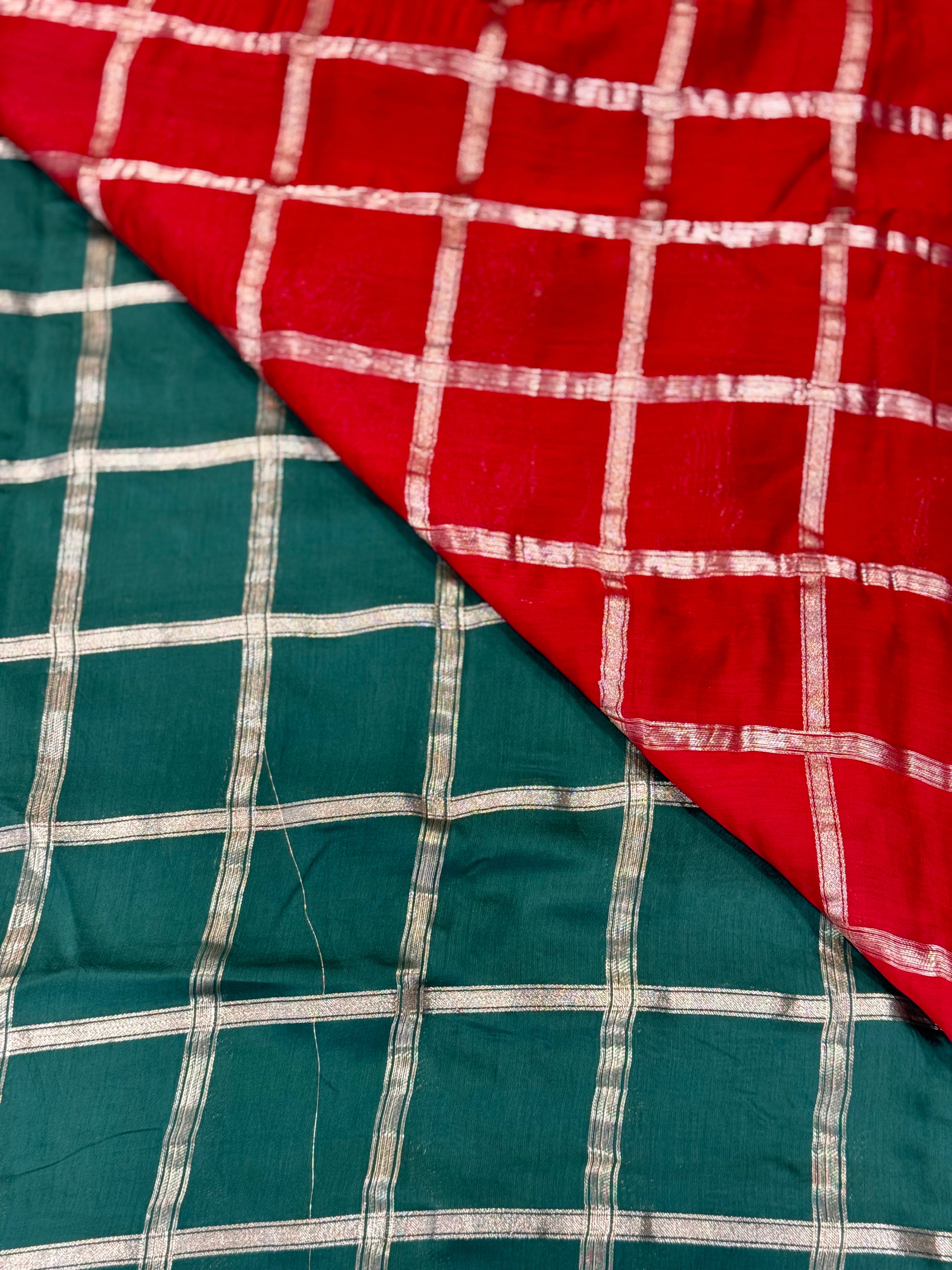 Green soft tussar crepe checks  saree