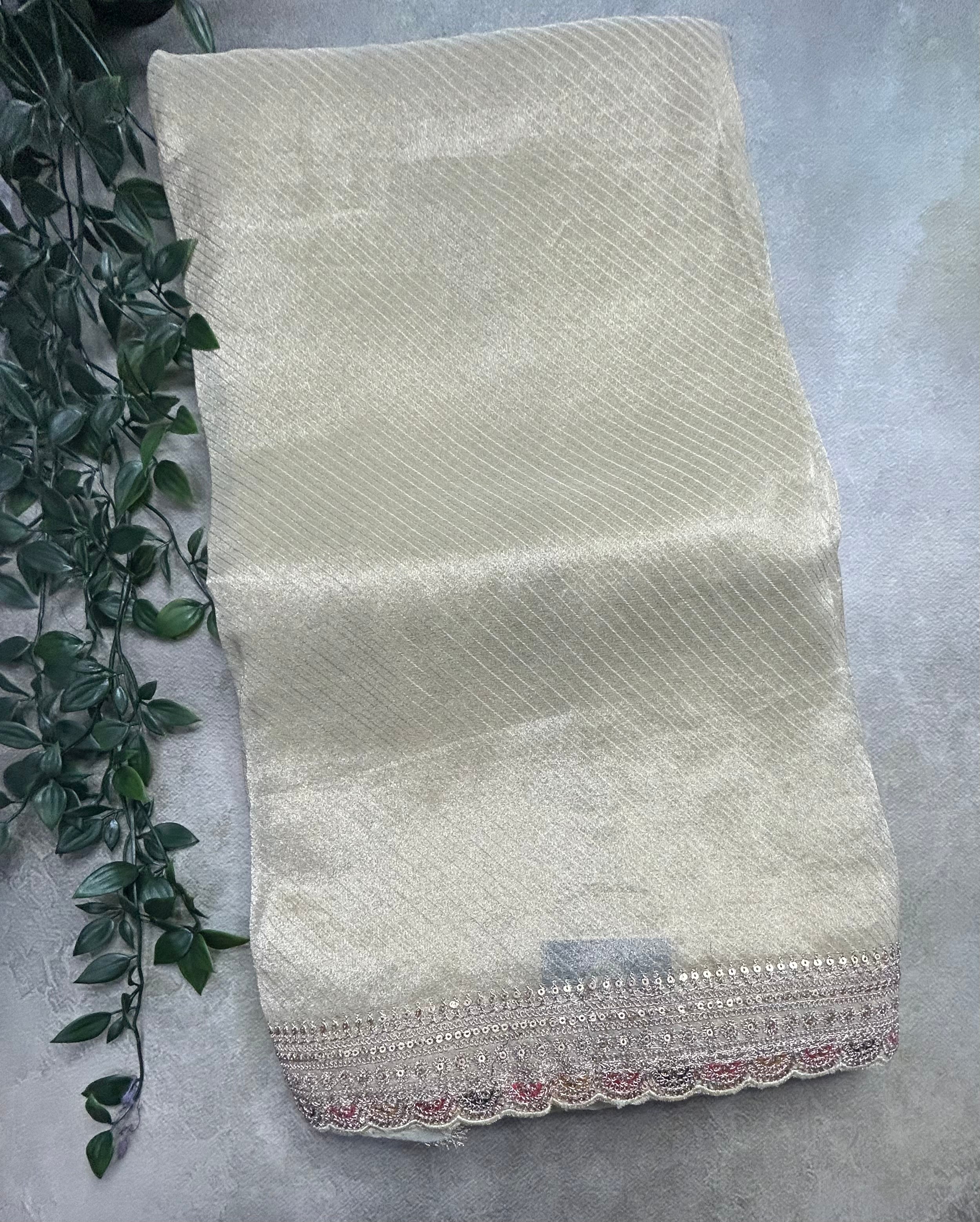 Cream stripes tissue party wear scallop border saree