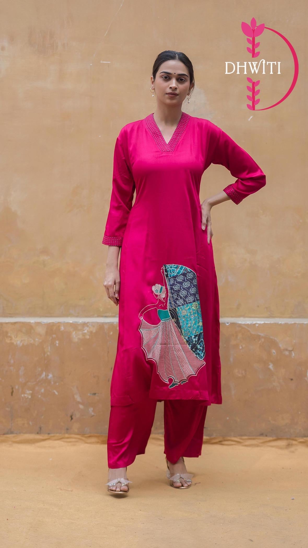 “Runi” Pink Designer Cord set 99 with handwork applique work Kurtha