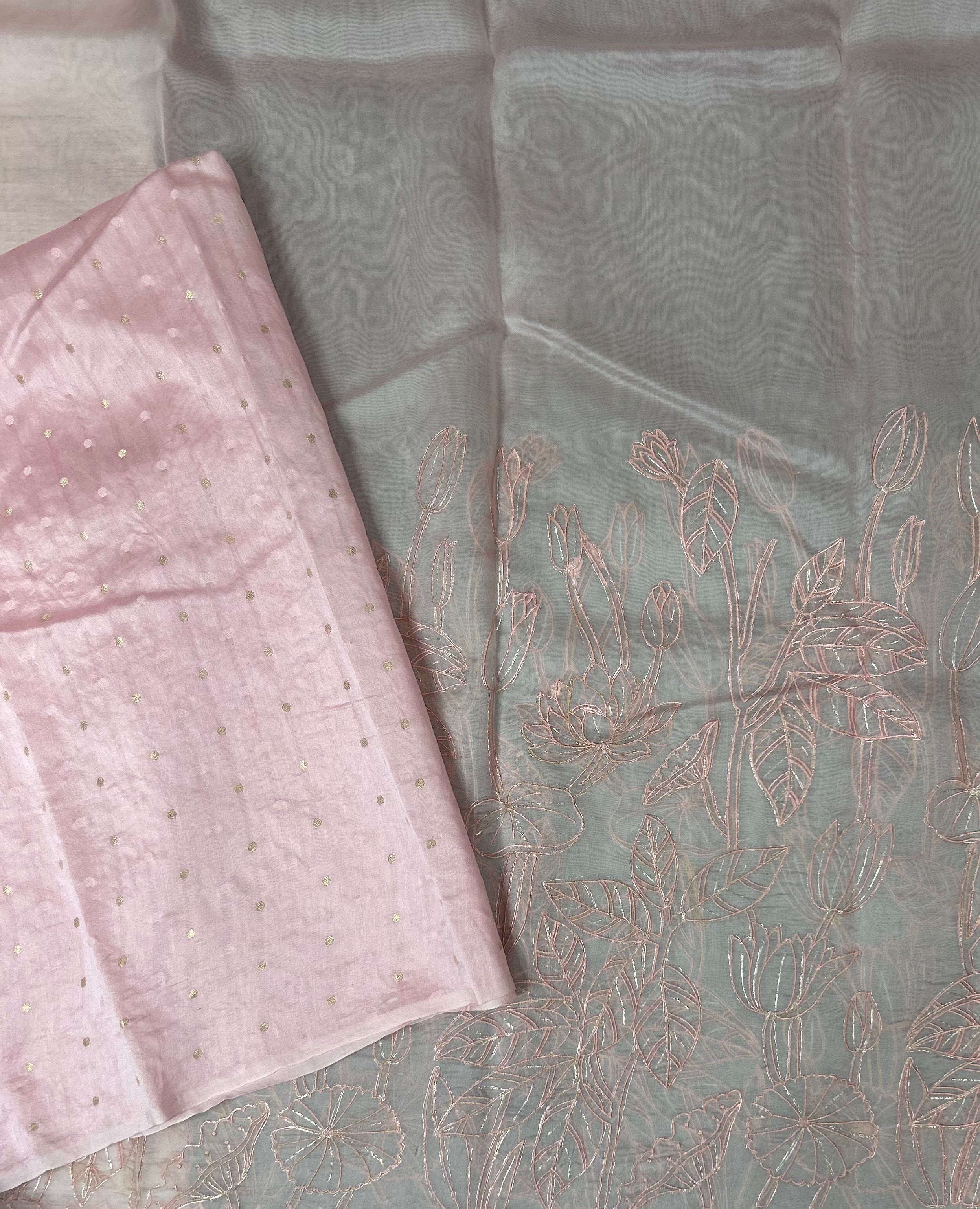 Light pink pure organza embroidery saree