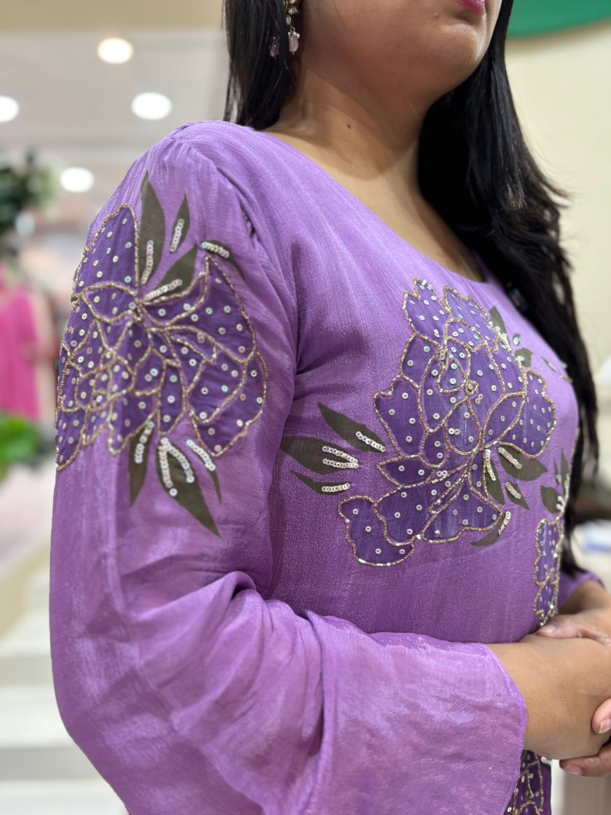 Purple Anarkali Chinnon Hand Embroidery Kurtha 765