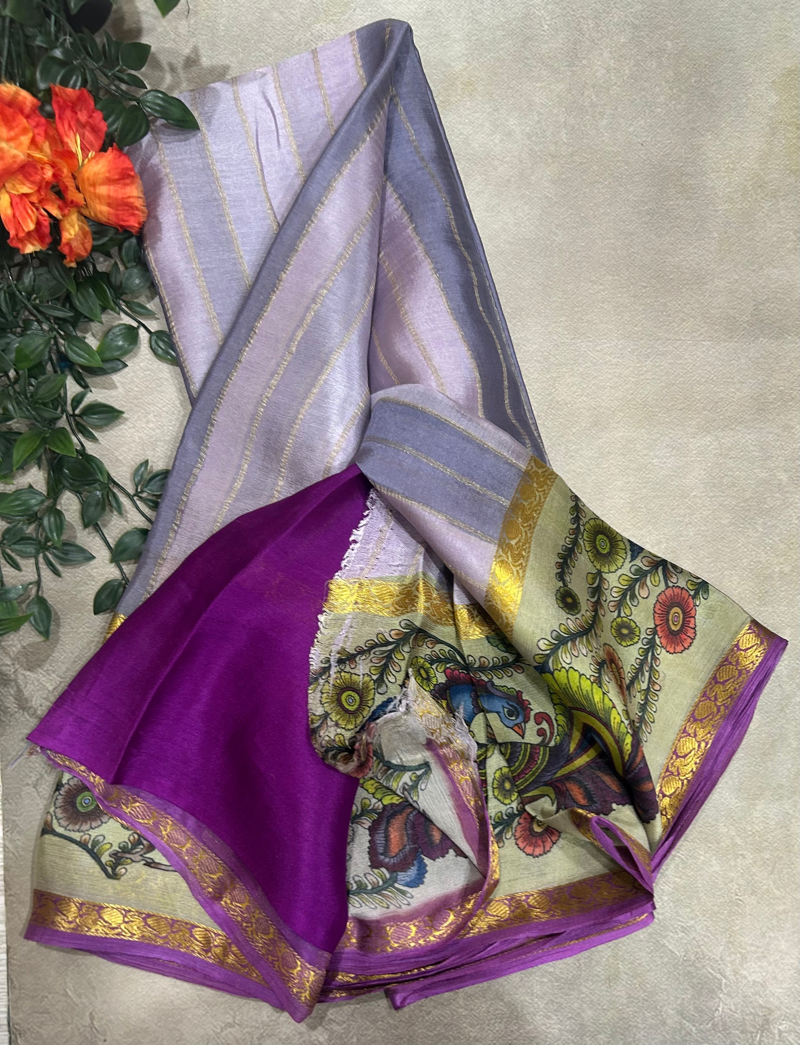 Rankart kalamkari border pure wrinkle 103 crepe silk saree
