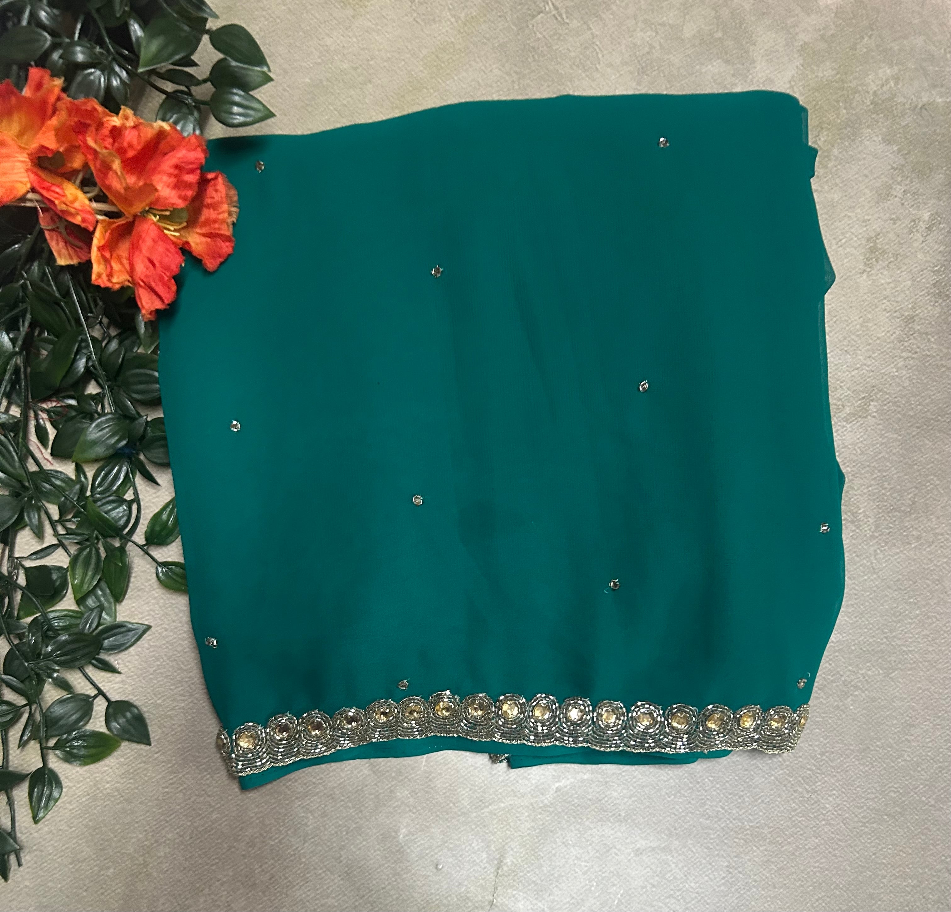 Green Stone Work border party wear Saree
