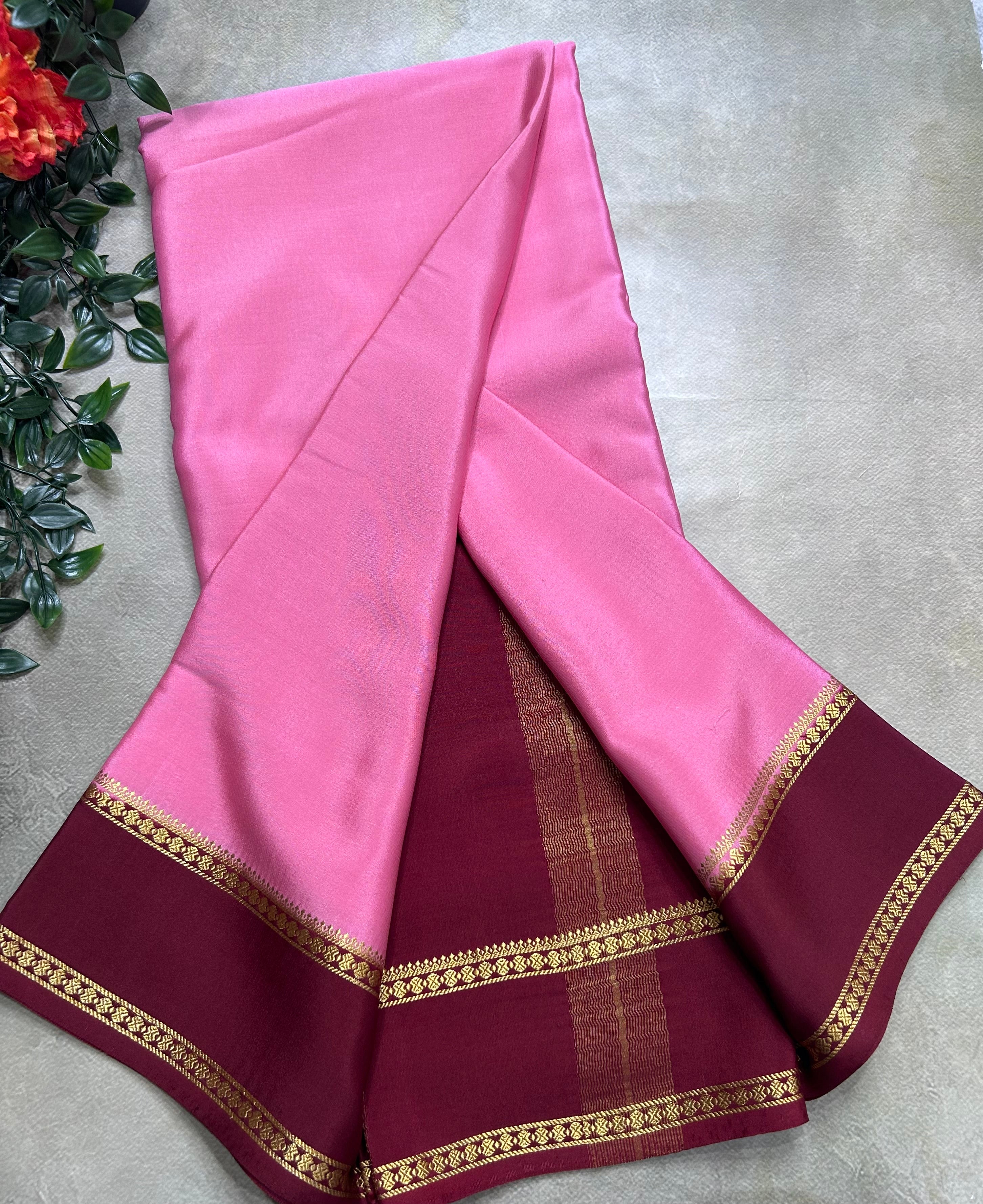 Pastel pink n maroon plain bentex border pure mysore silk saree(BMS105)
