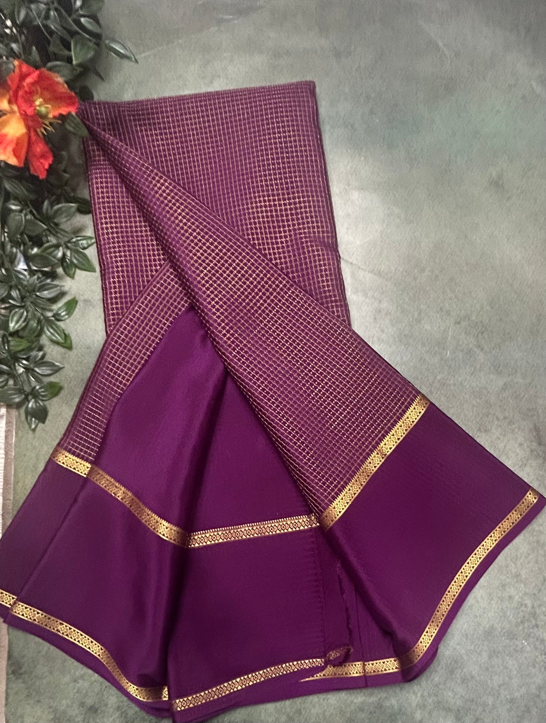 Dark Purple small checks n bentex border pure Mysore silk 105 saree