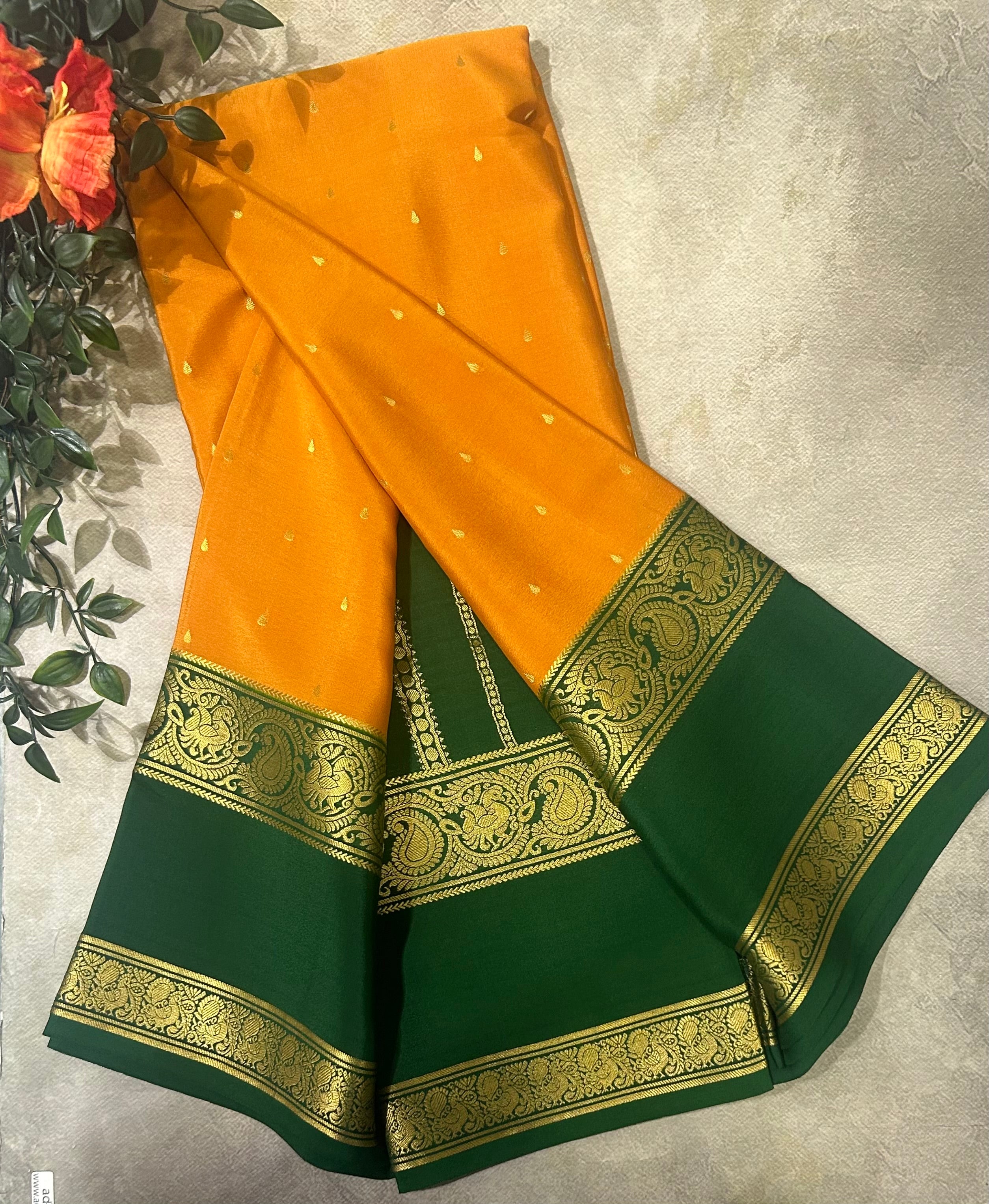 Mustard yellow bentex border pure Mysore silk 105 saree