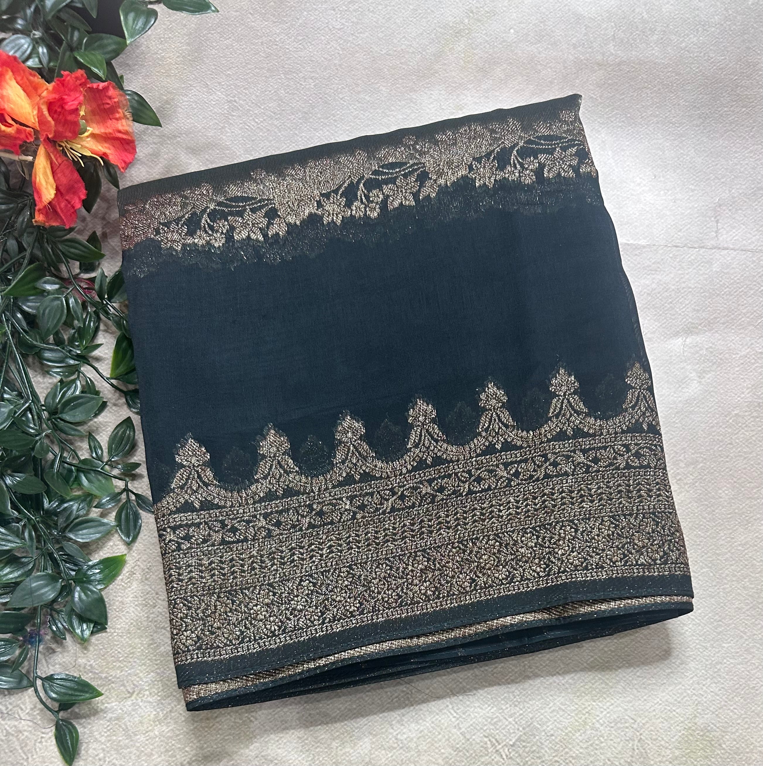 Dark bottle green brocade tussar georgette crepe 106 silk saree