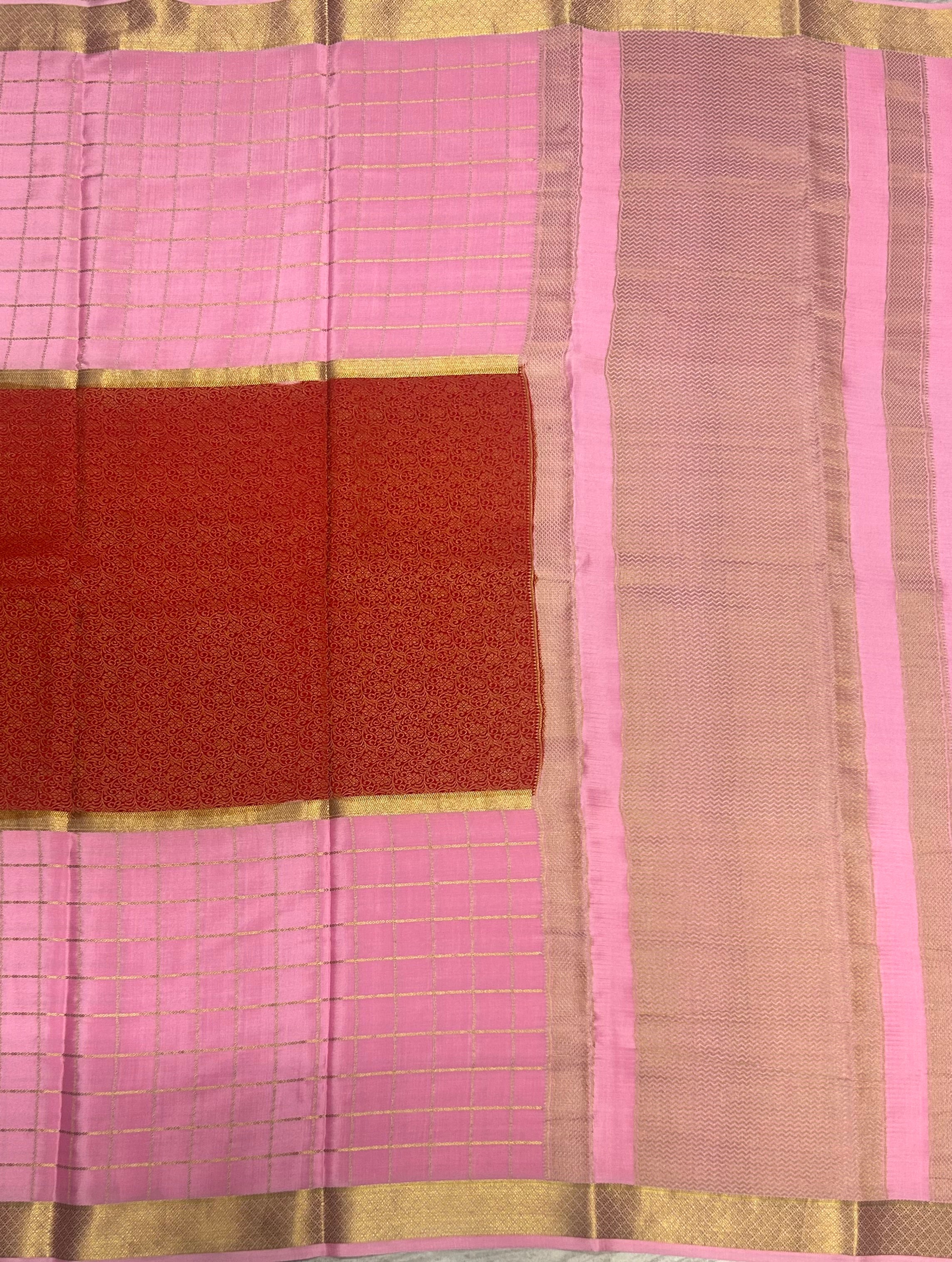 Pastel pink n red pure Mysore crepe silk 103 saree