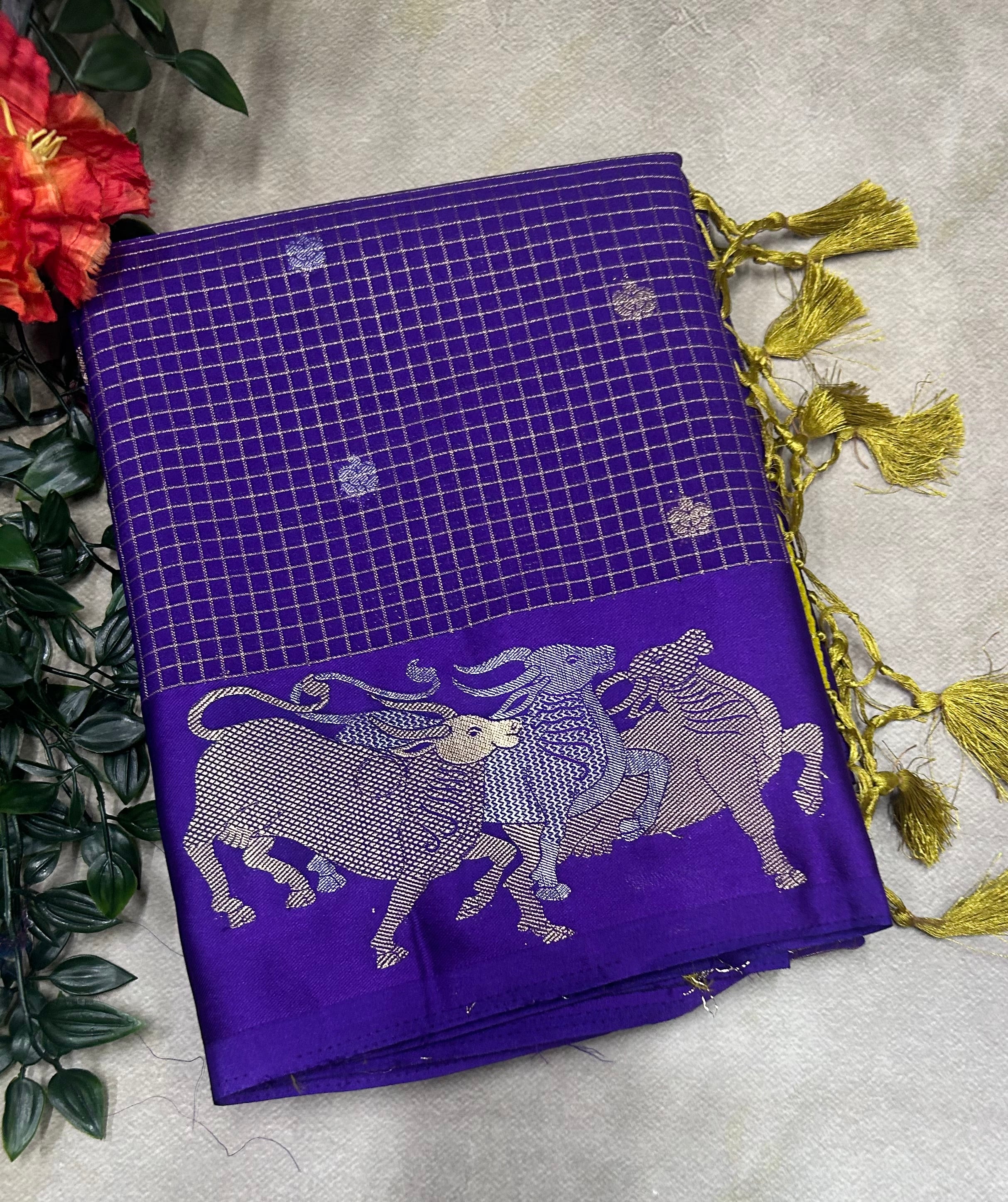 Purple small checks semi Mysore crepe saree(SMC106)