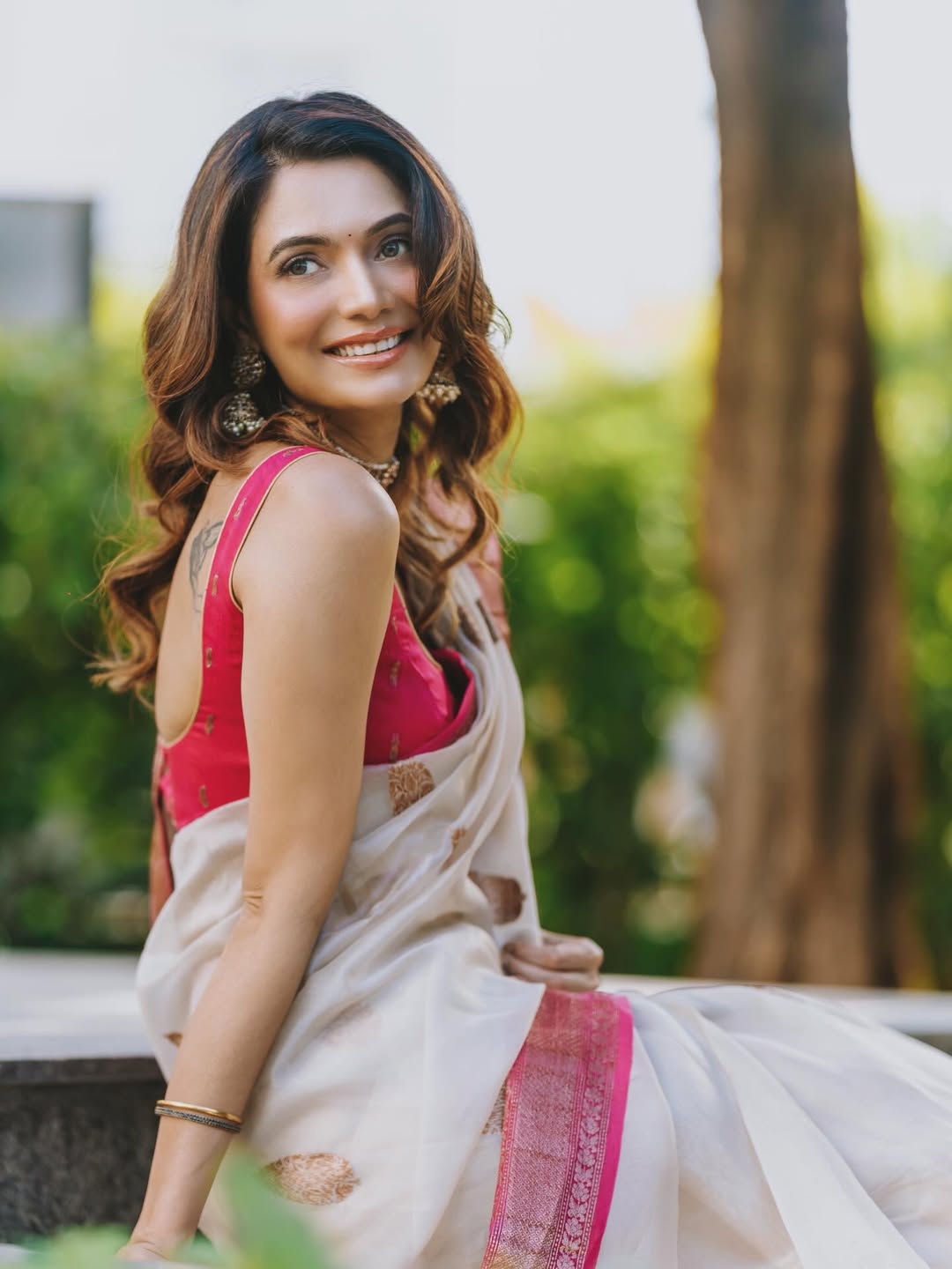 Cream n pink pure kora organza saree