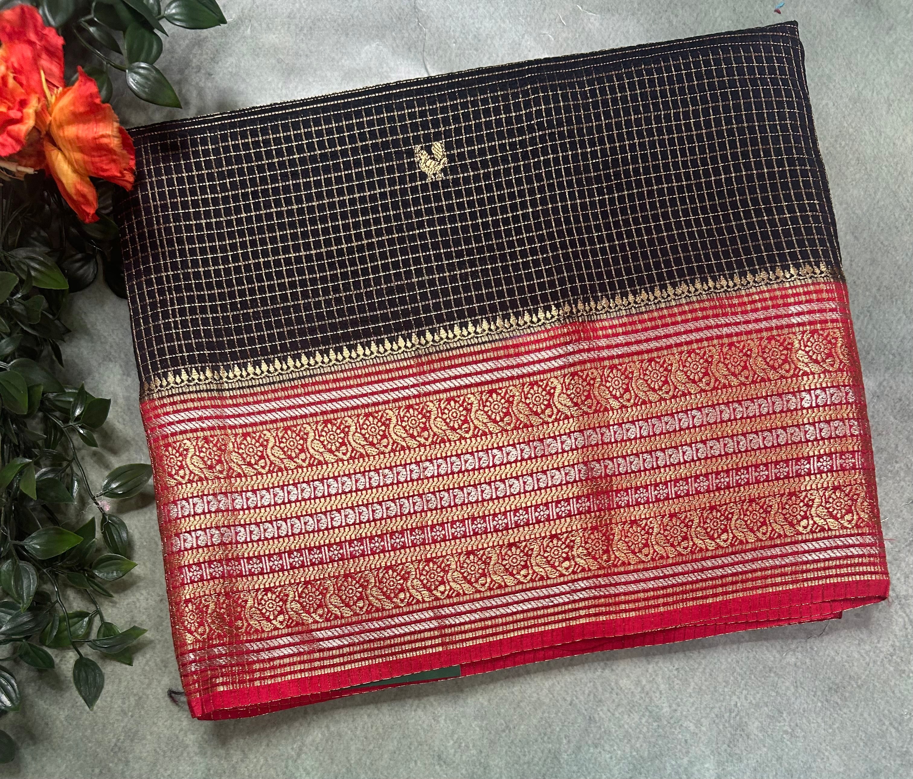 Black small checks contrast semi Mysore crepe 105 saree