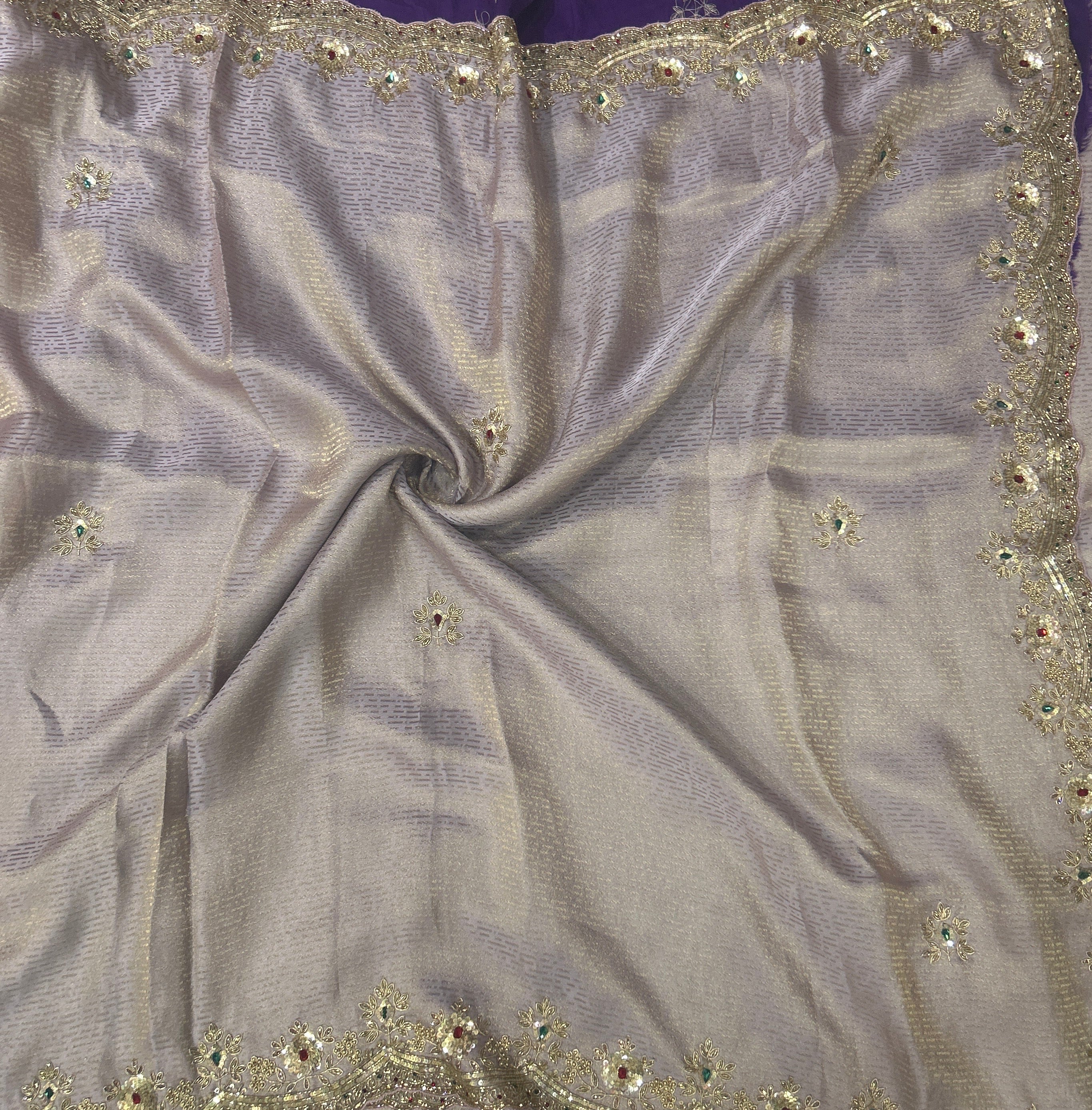 Lavender brocade tissue handwork  scallop border party wear