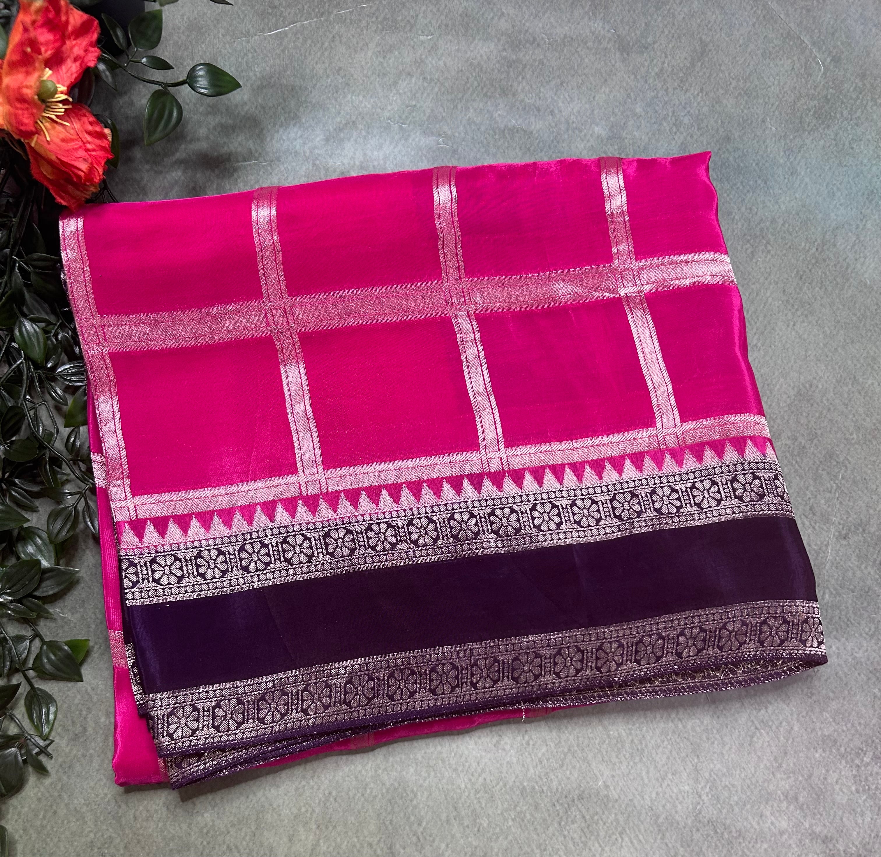 Rani pink checks n bentex border semi crepe 106 saree