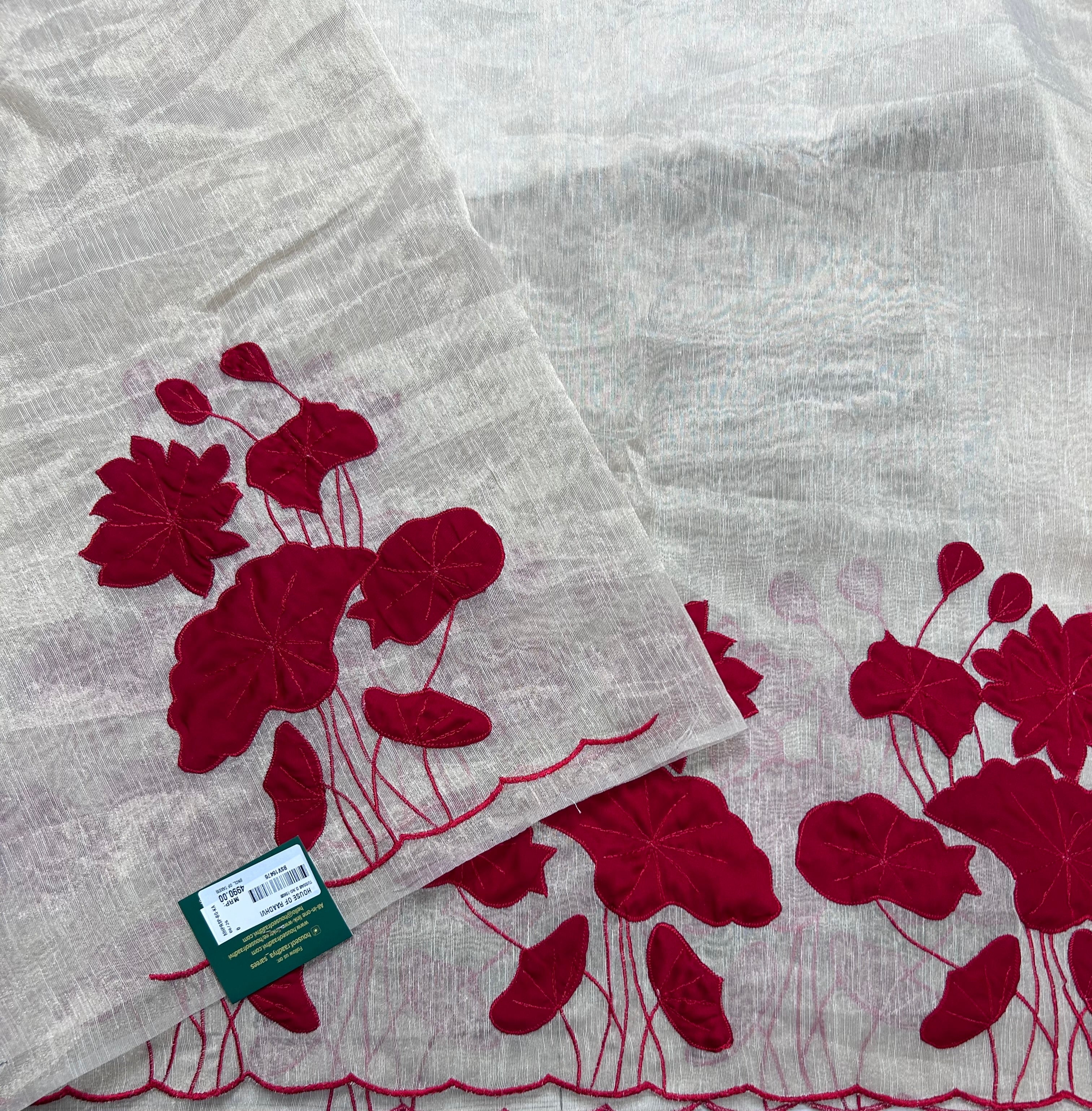 Cream n red appliqué work party wear 106 saree